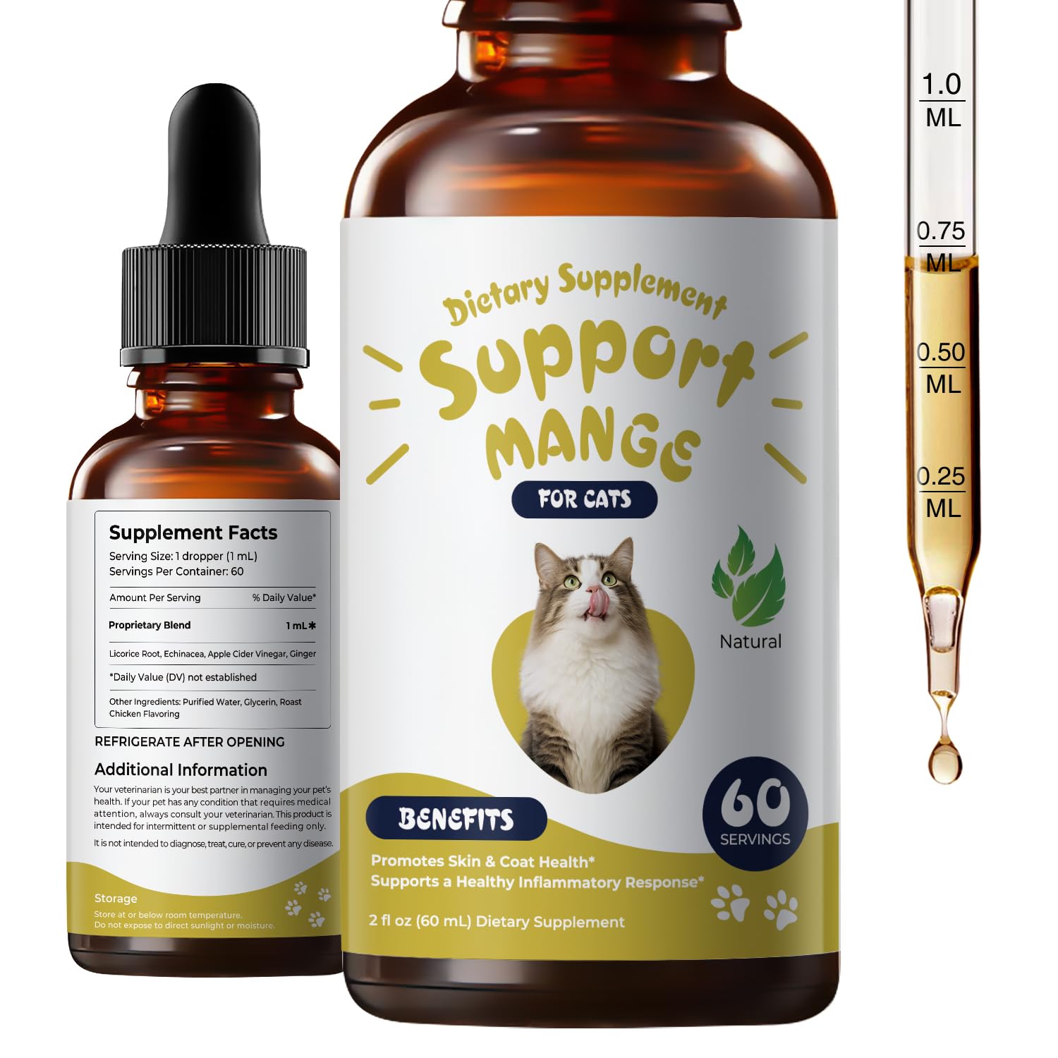 Homibabis mange treatment bottle pour demonstrates easy mixing for soothing cat itch relief
