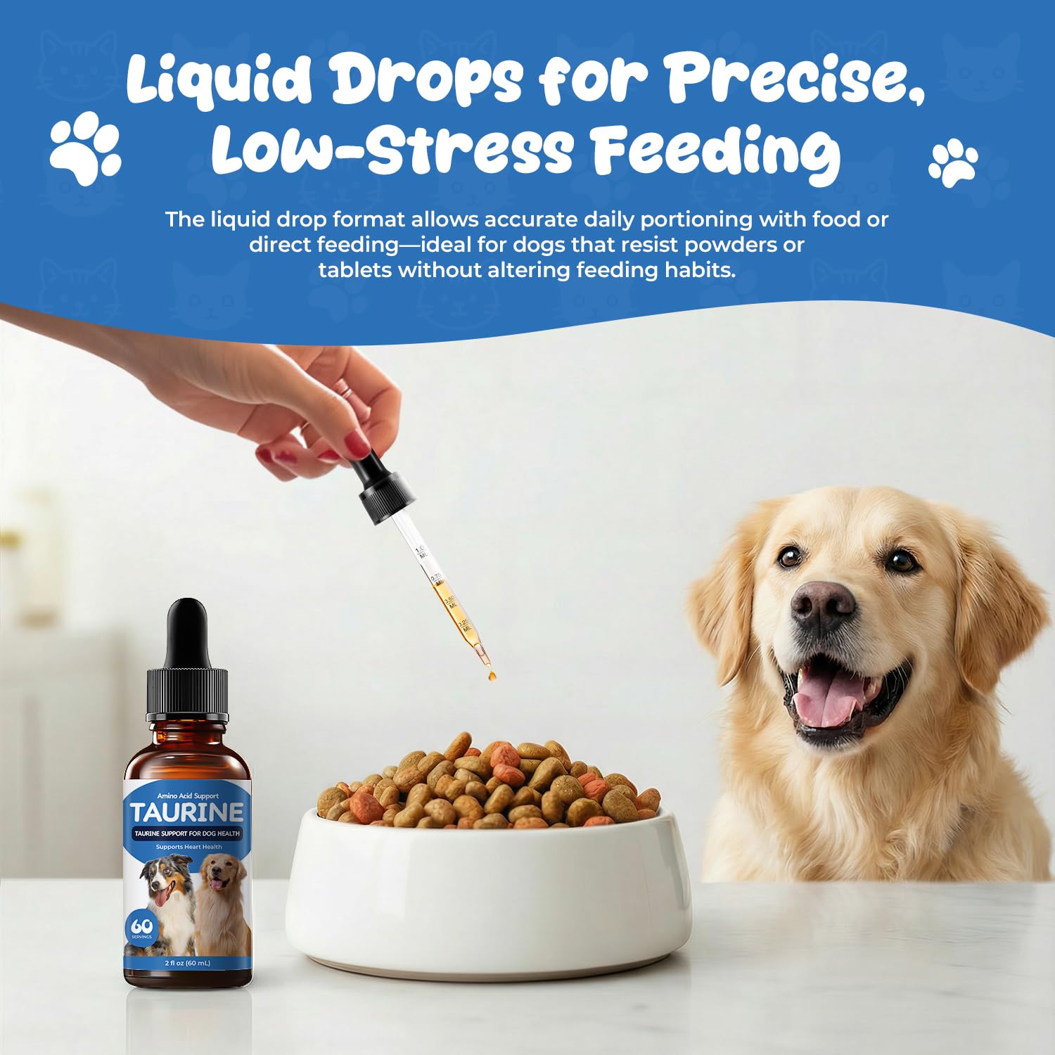 Homibabis Taurine drops with an active dog illustrating energy balance.