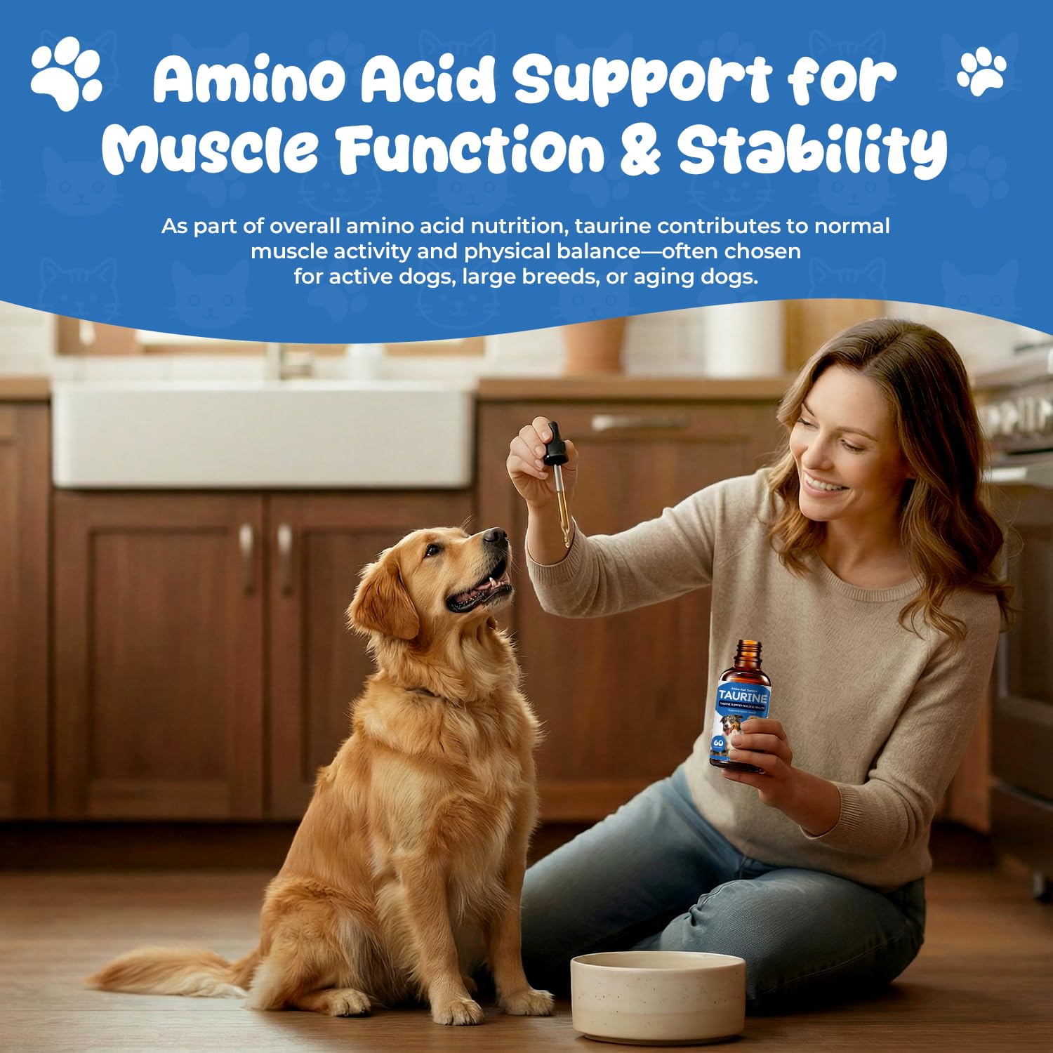 Homibabis Taurine drops added to a dog bowl for easy integration.