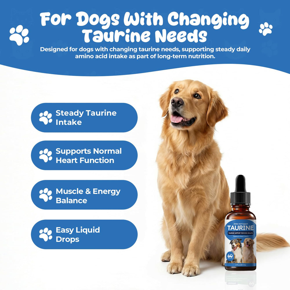 Homibabis Taurine drops shown with a dog ready to eat for routine supplementation.