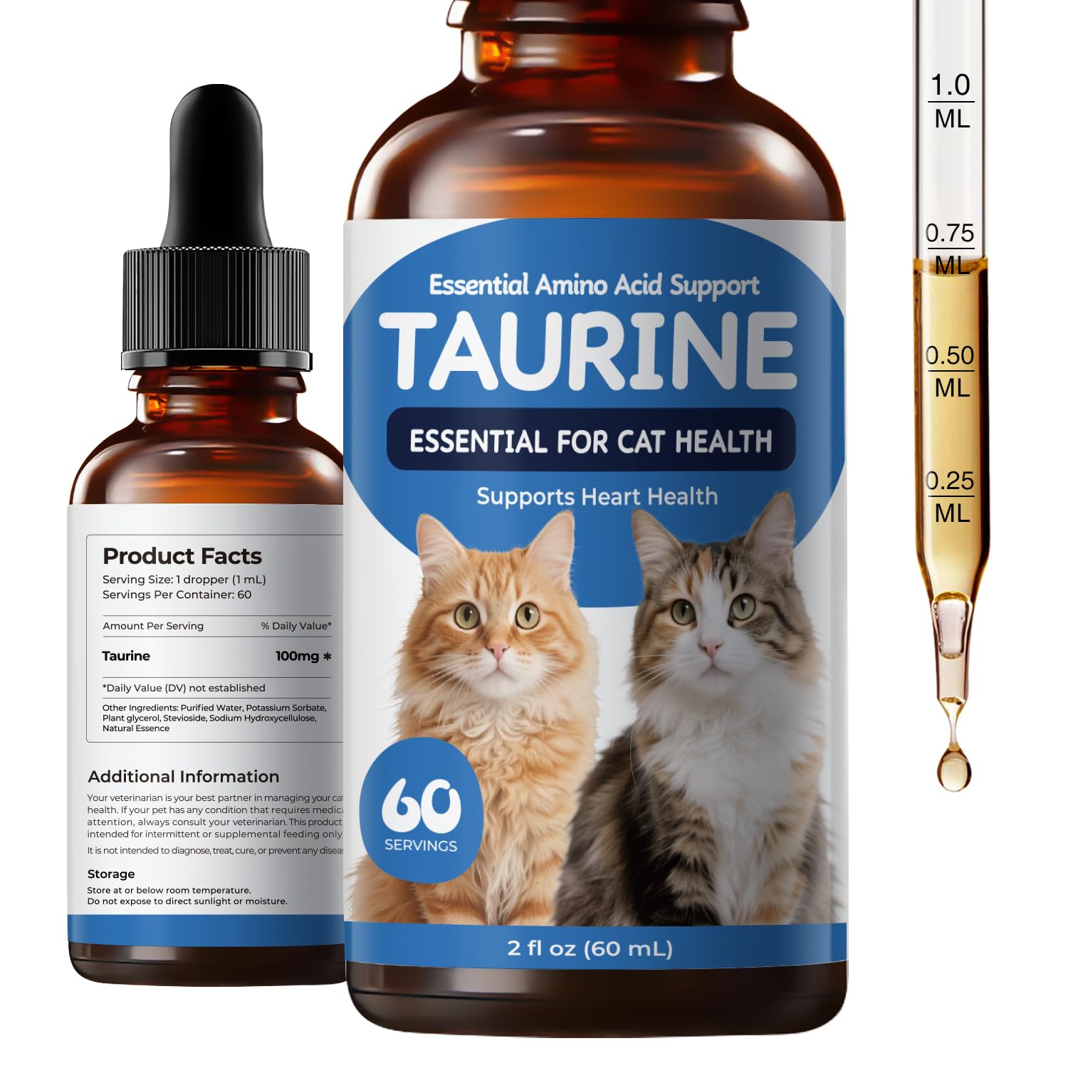 Homibabis taurine liquid drops in a bottle for cats, easy daily dosing.