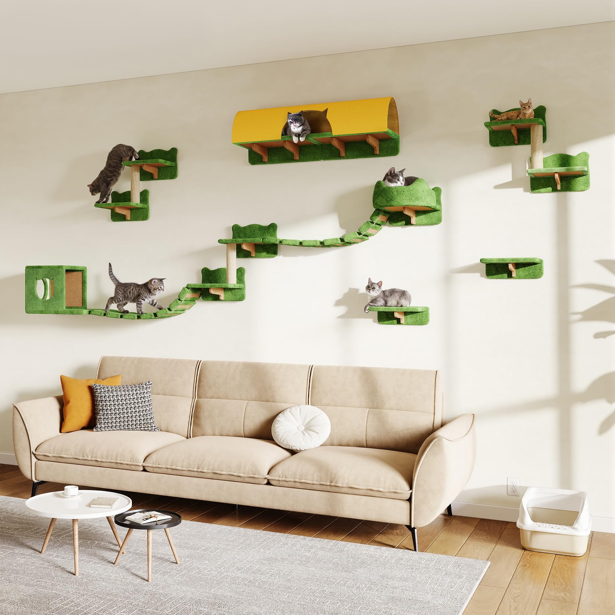Homiflex 16-in-1 cat wall shelves assembled on a wall to save floor space.