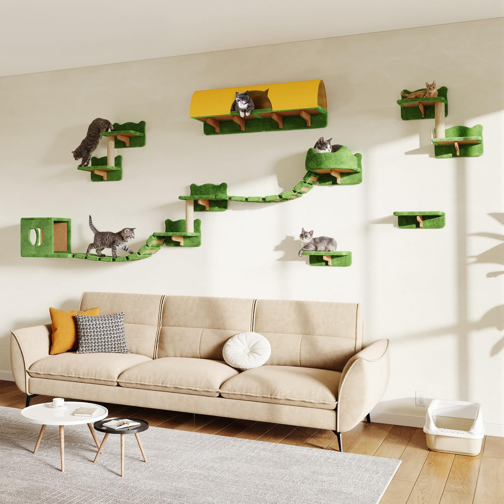 Homiflex 16-in-1 cat wall shelves assembled on a wall to save floor space.