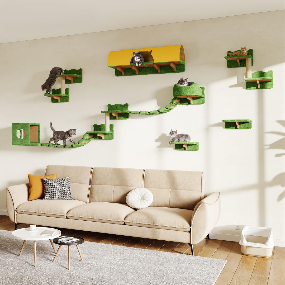 Homiflex 16-in-1 cat wall shelves assembled on a wall to save floor space.