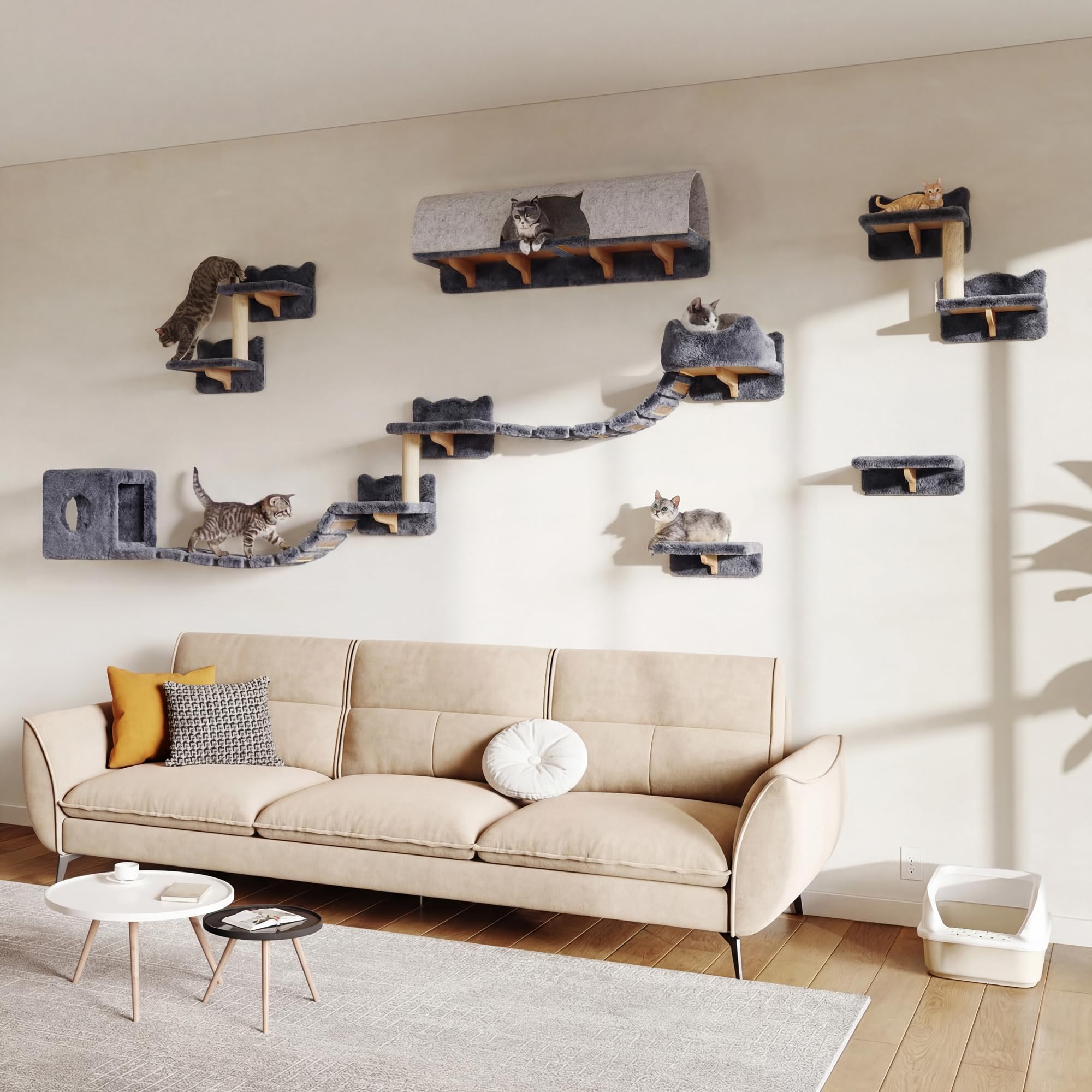 Homiflex 16-in-1 cat wall shelves with plush fabric for cozy resting.