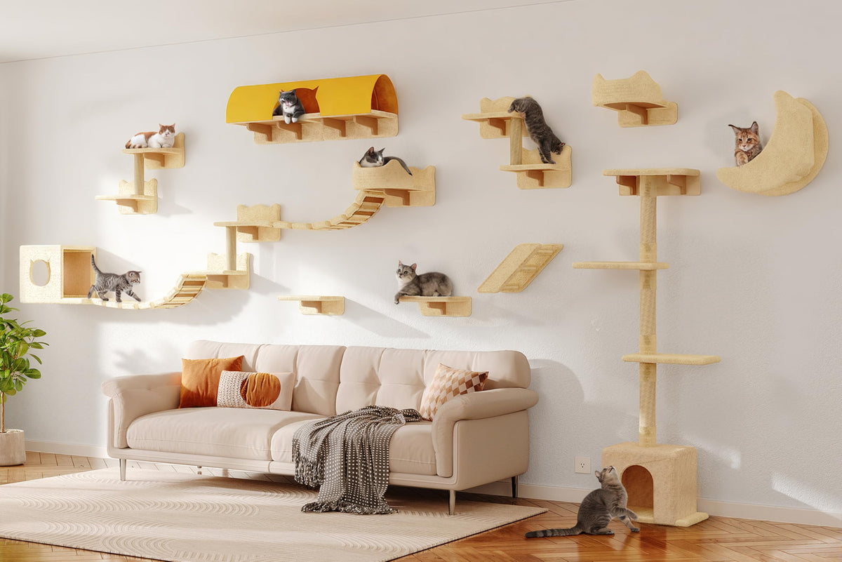 Homiflex cat wall shelves 26-in-1 setup showing modular plush platforms for vertical enrichment.