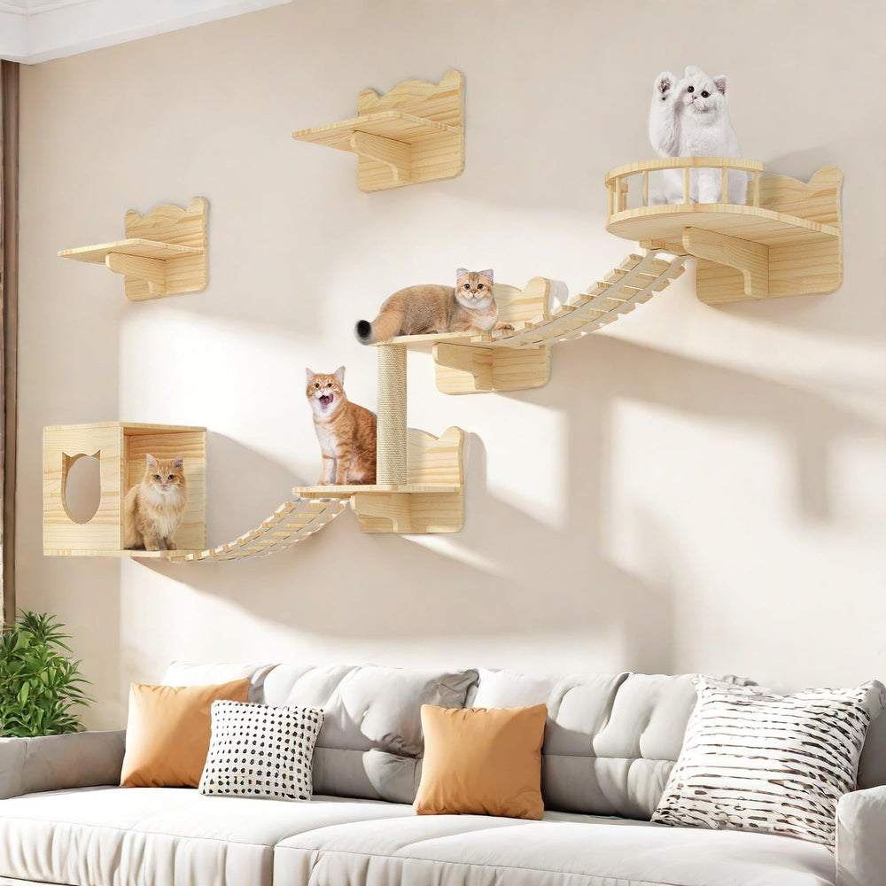 Homiflex cat wall shelves assembly view showing secure mounting and space-saving design
