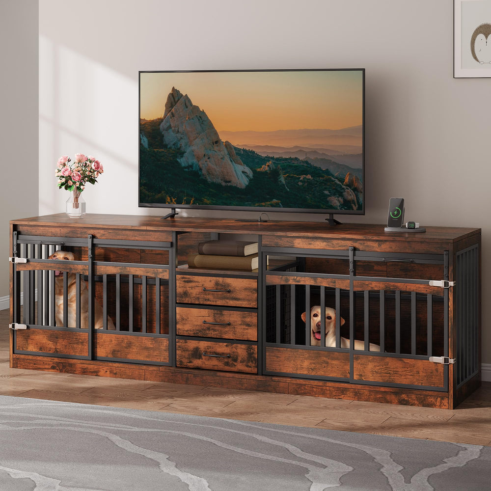 Homiflex dog crate table with storage drawers keeps pet supplies organized.
