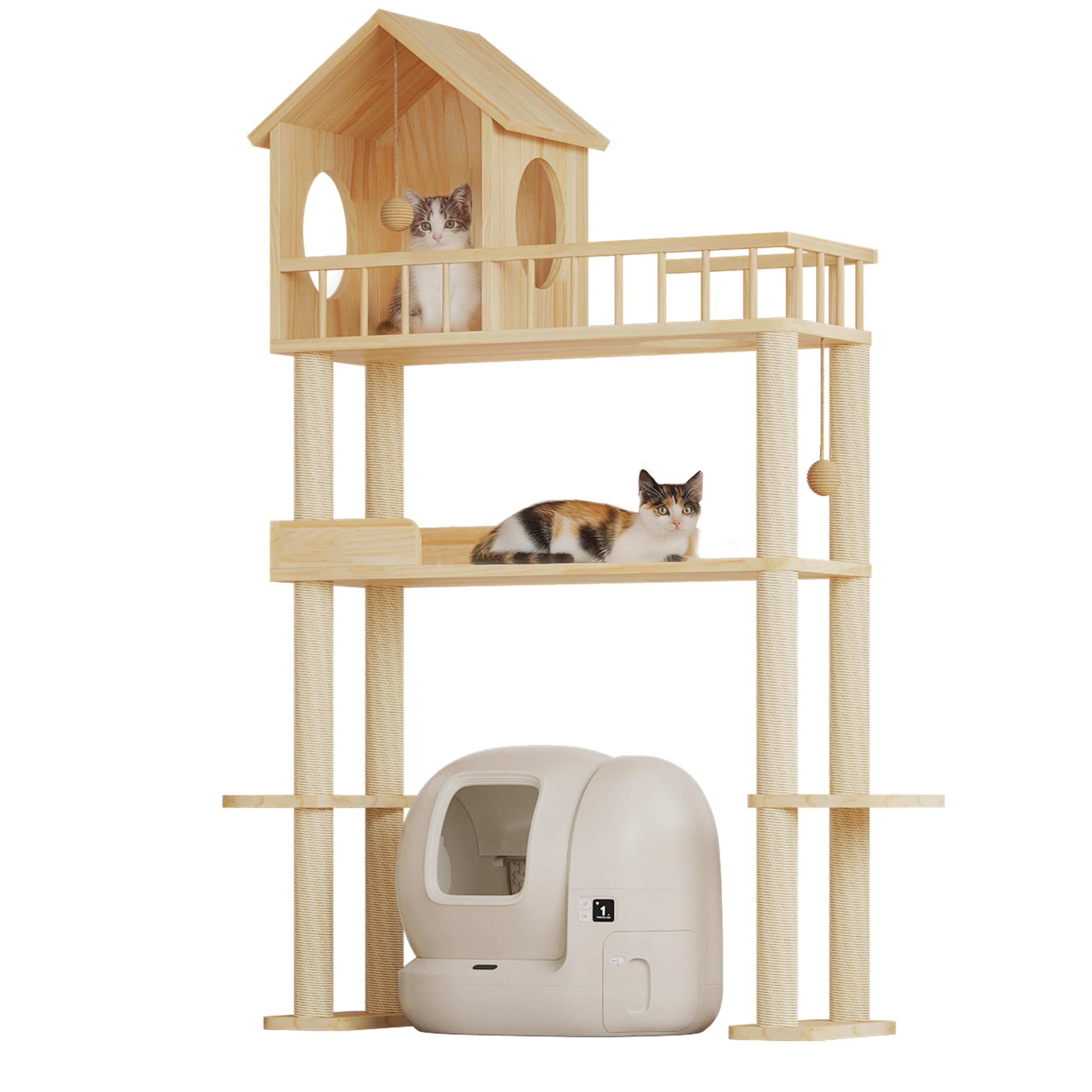 Homiflex wooden cat tree blends with decor and reduces cheap plastic options.