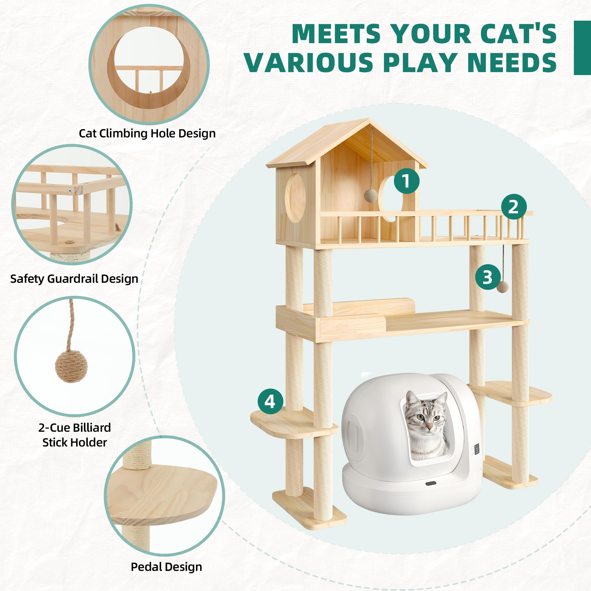 Homiflex top cat house with balcony provides secure perching for calm lounging.