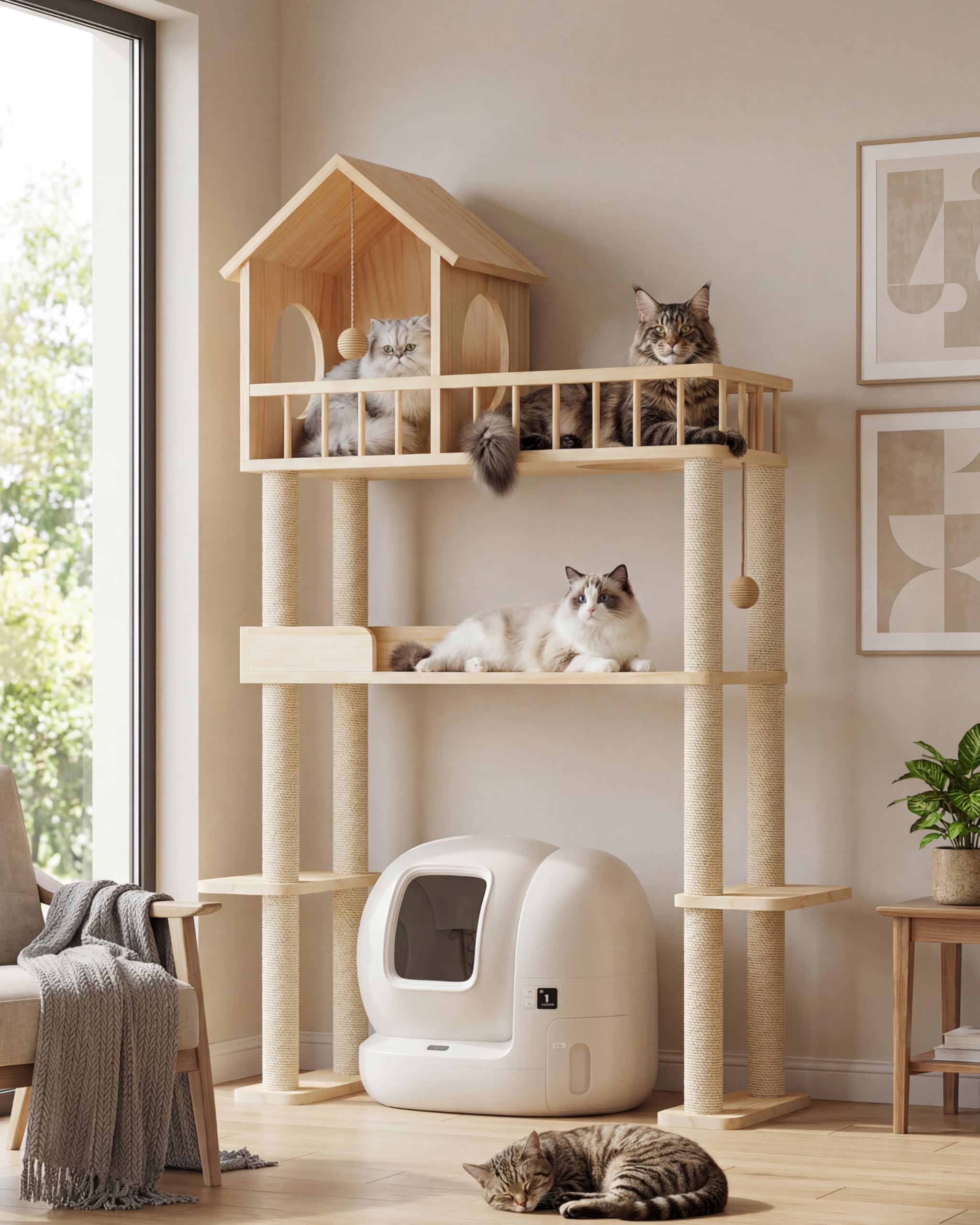 Homiflex wood cat tower with automatic litter box keeps litter contained and space saving.