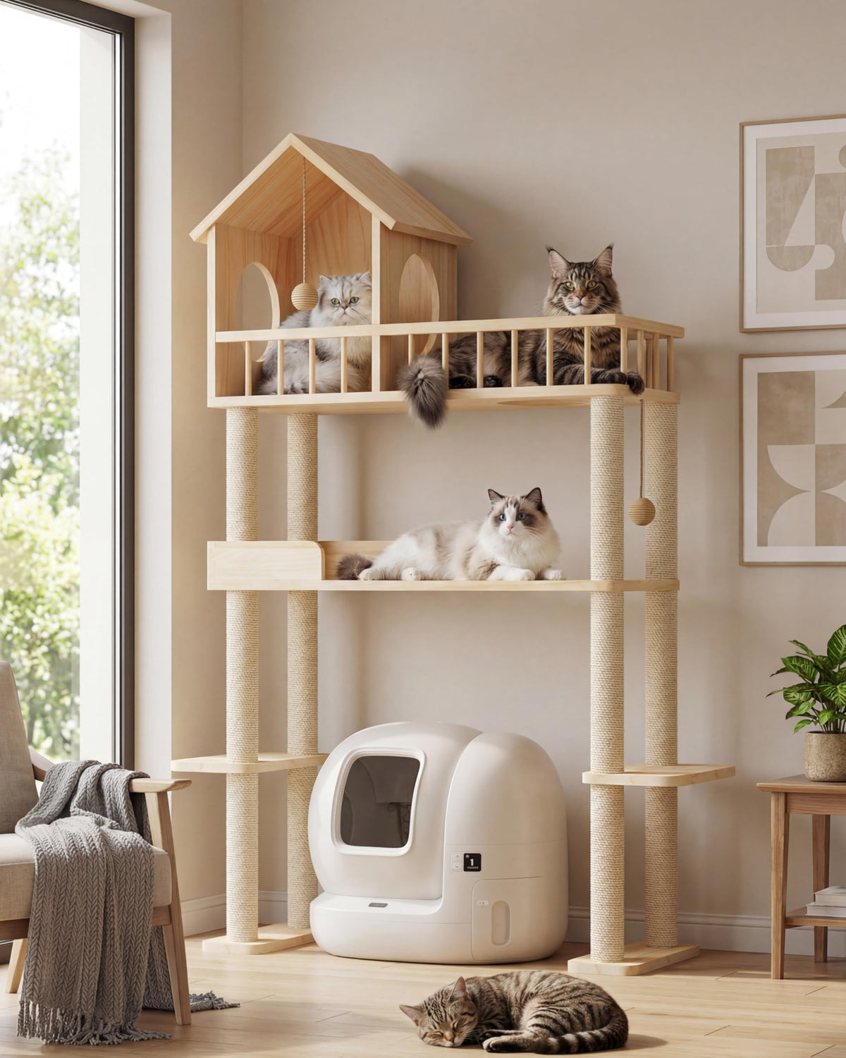 Homiflex wood cat tower with automatic litter box keeps litter contained and space saving.