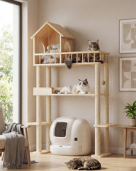 Homiflex wood cat tower with automatic litter box keeps litter contained and space saving.