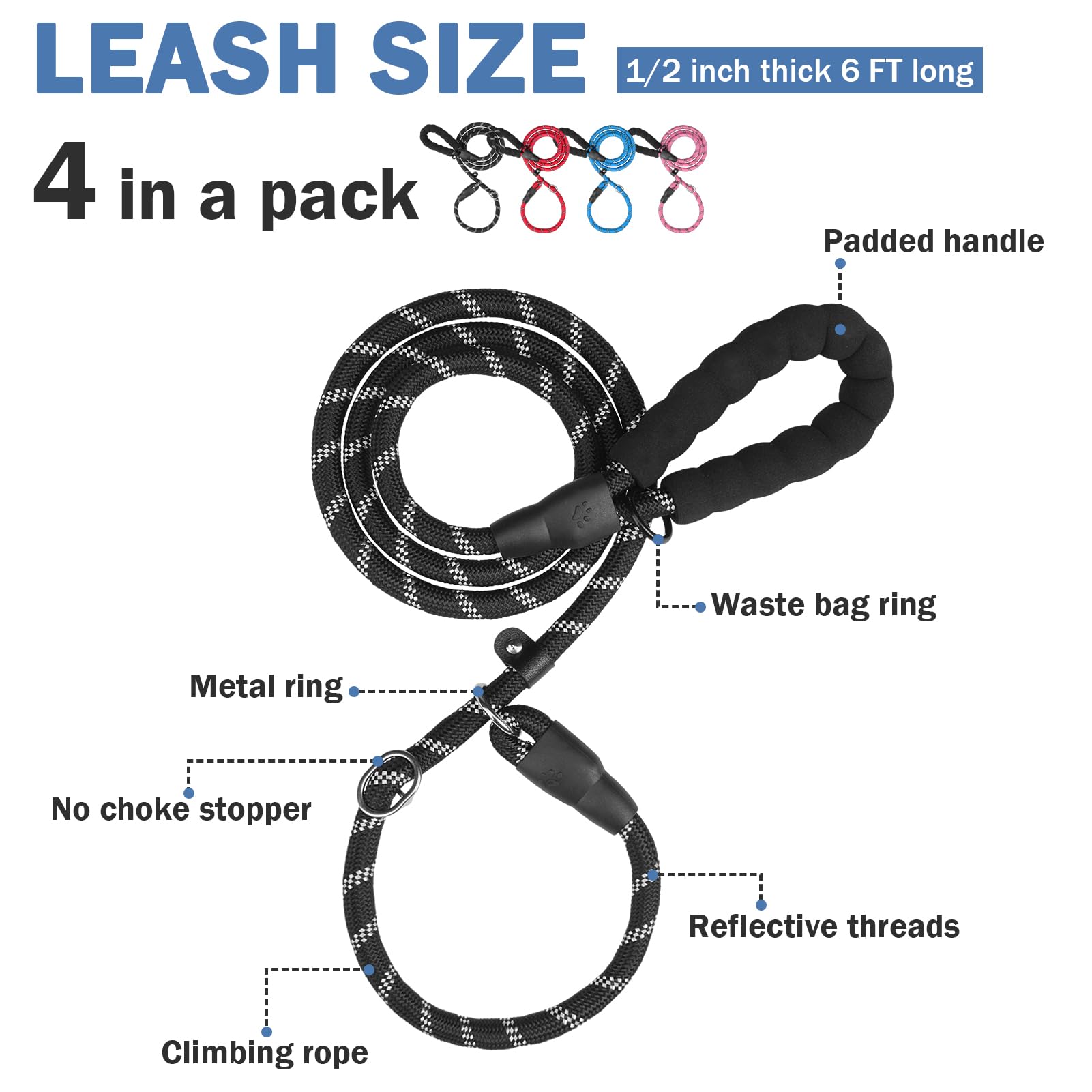Homimp slip lead color pack shows four colors for matching styles and multiple dogs.
