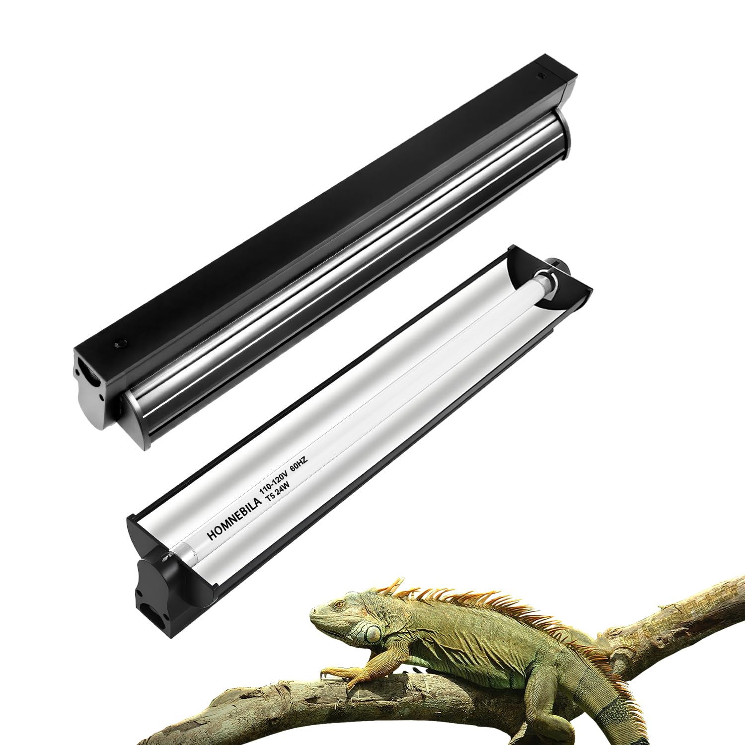 Homnebila T5 UVB fixture close-up showing reflective coating for enhanced UVB output