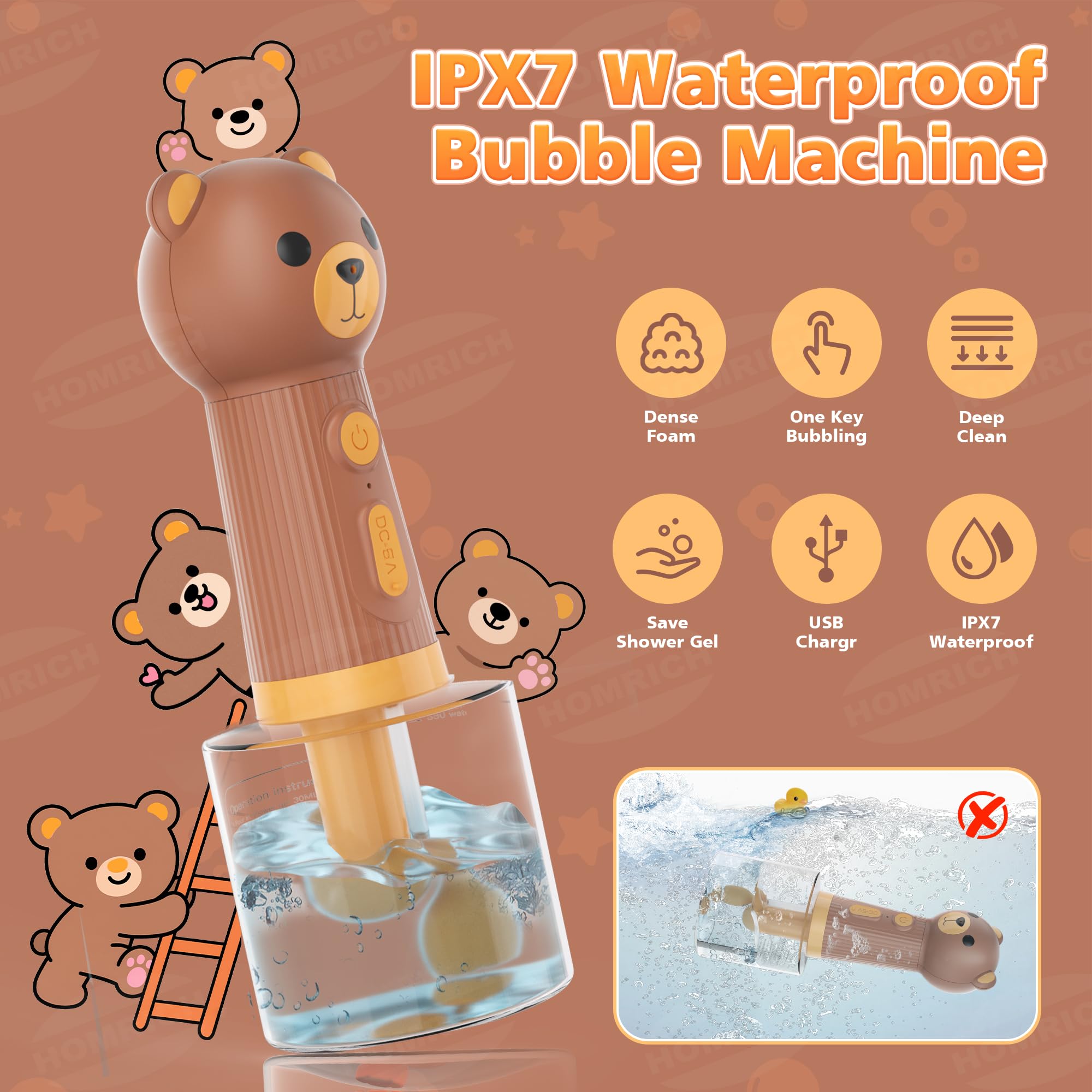Homrich IPX7 waterproof foam machine ready for splash-friendly bath sessions
