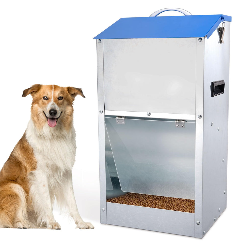 Homsky automatic dog feeder outdoors with 25lb capacity for large breeds.