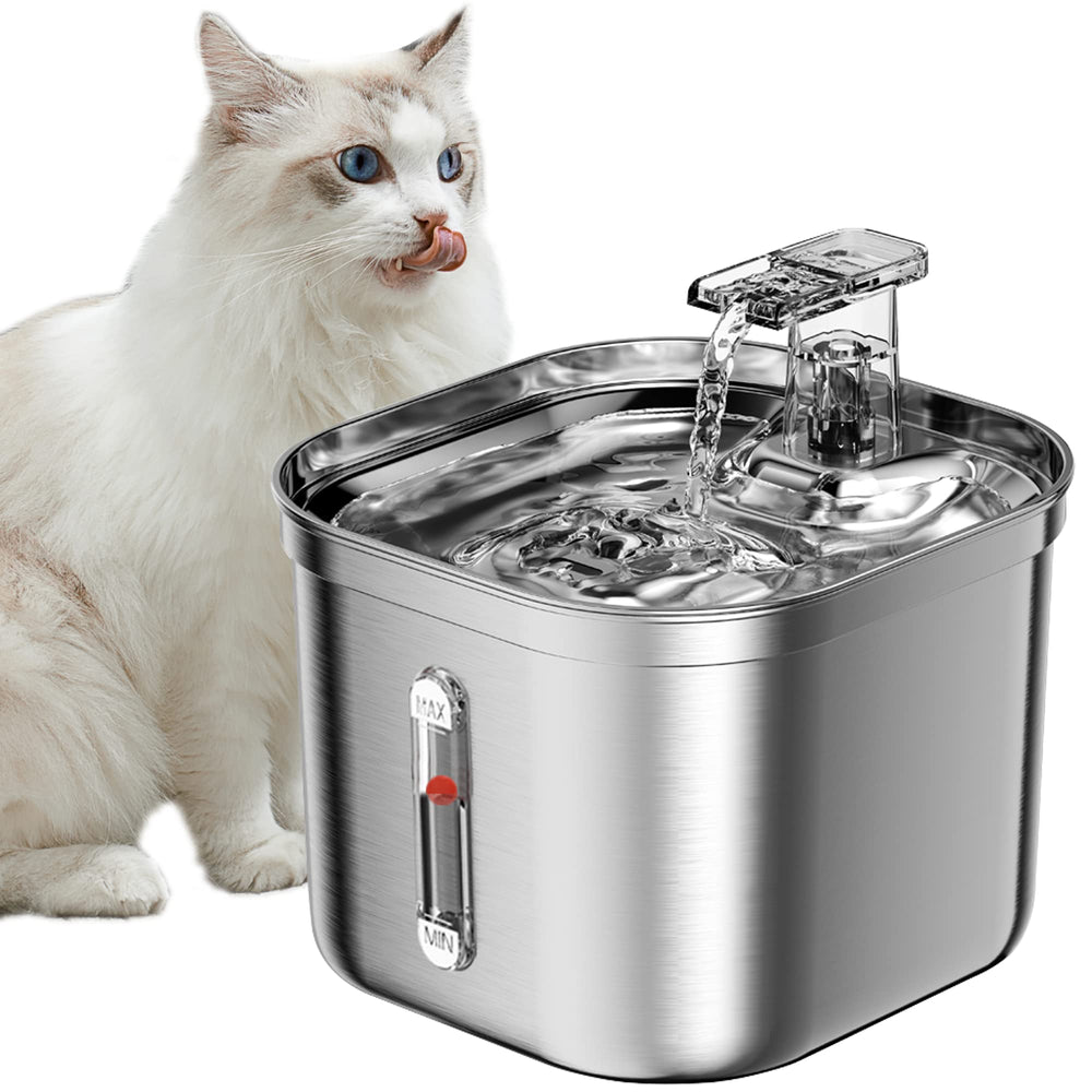 Homtyler cat water fountain front view shows a sleek stainless steel bowl for hydrated cats