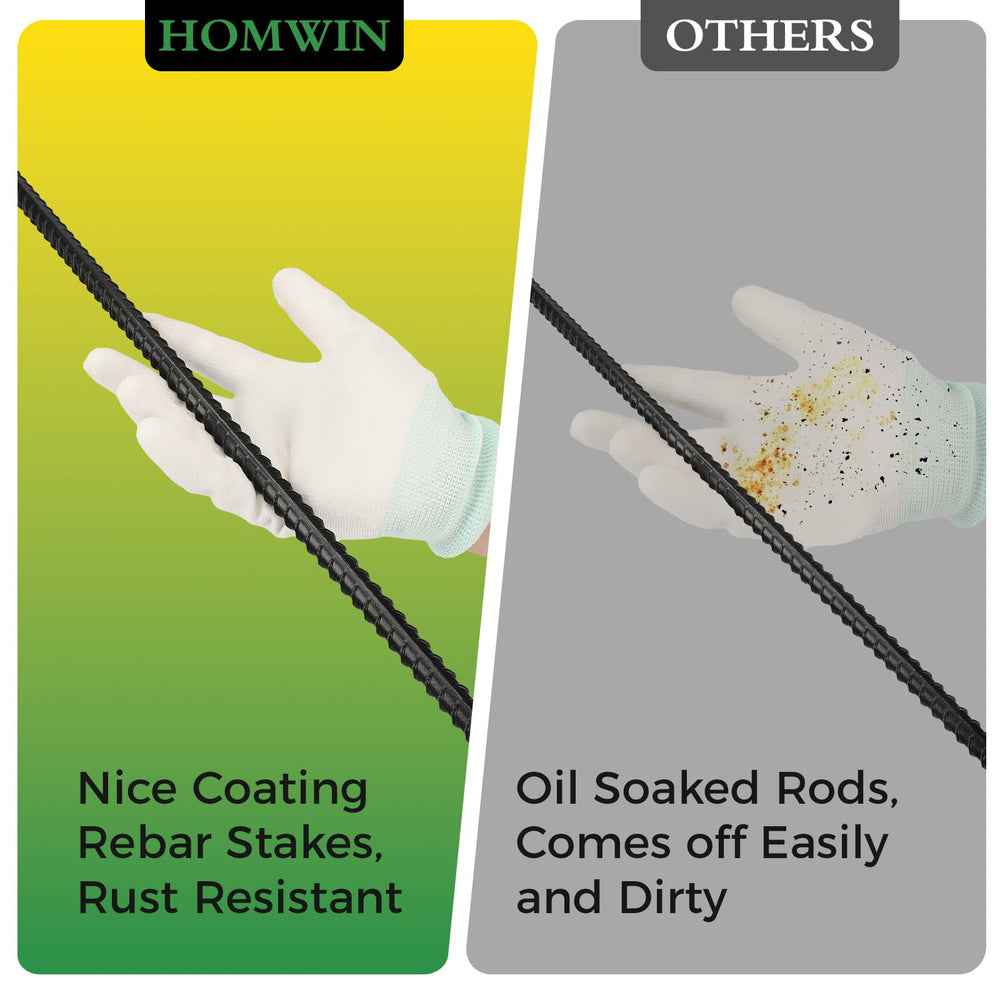 Homwin half-inch steel rebar stake highlighting heavy-duty strength.