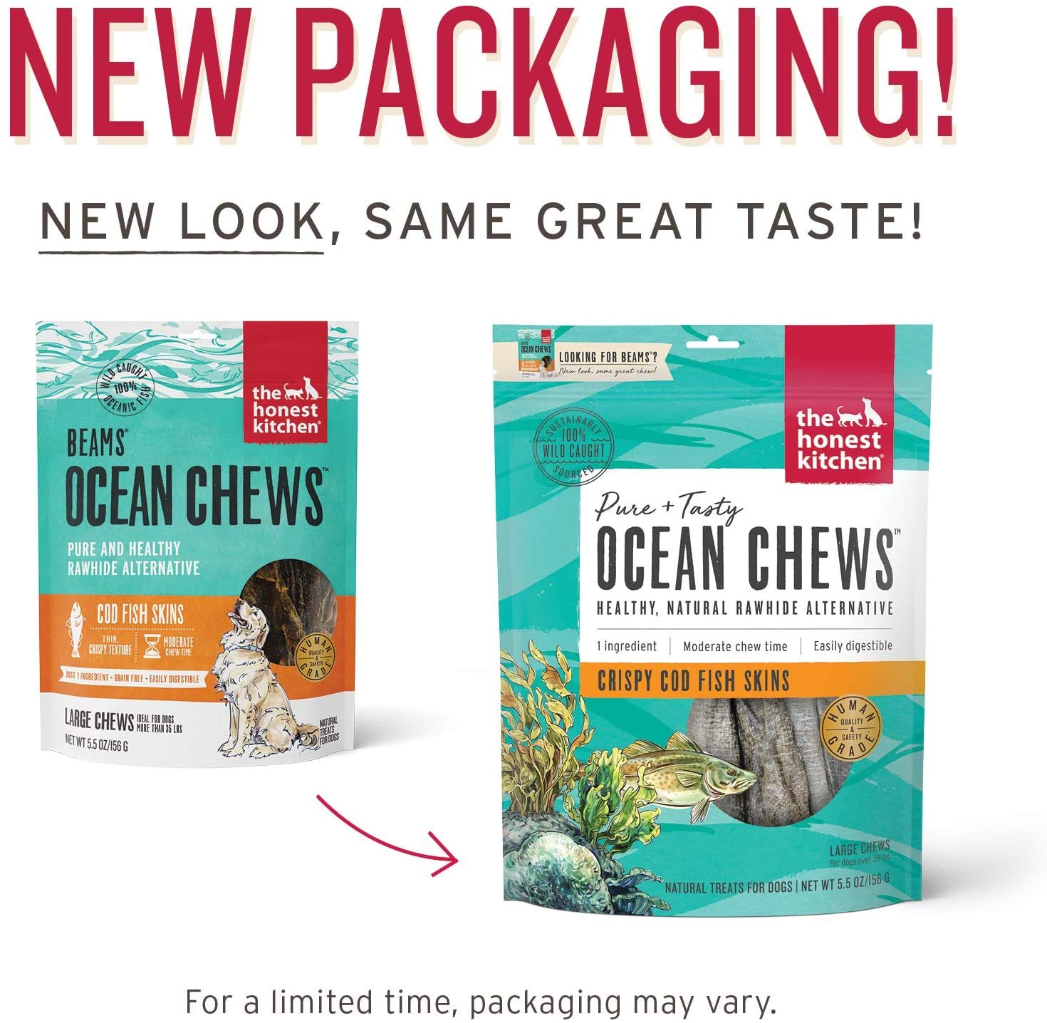 Honest Kitchen Crispy Cod Skins packaging highlights single-ingredient treat.