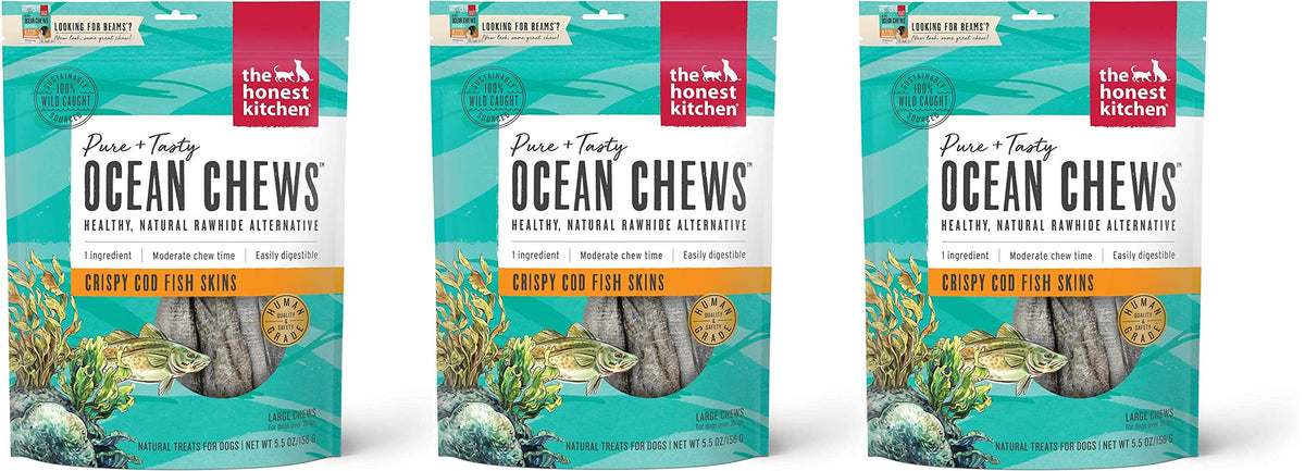 Honest Kitchen Crispy Cod Skins three-pack display for easy rewards.