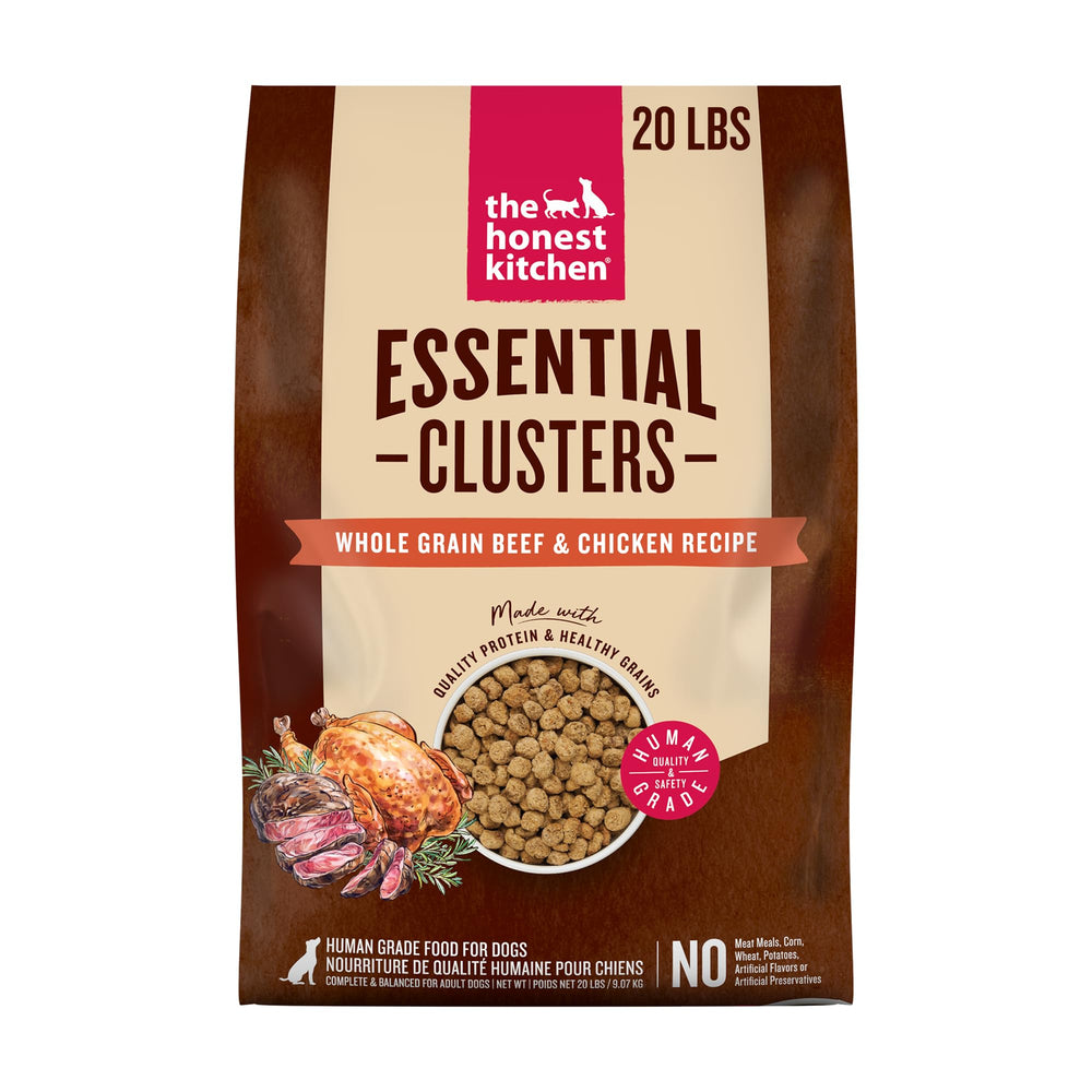 The Honest Kitchen Essential Clusters bag front shows beef and chicken protein for adult dogs.