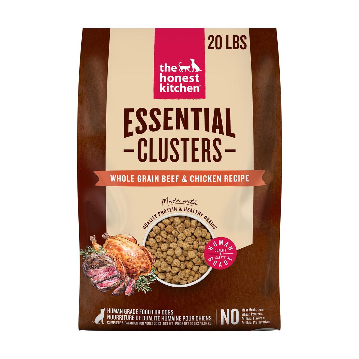 The Honest Kitchen Essential Clusters bag front shows beef and chicken protein for adult dogs.