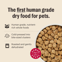 Visible ranch-raised beef and cage-free chicken ingredients support balanced meals.