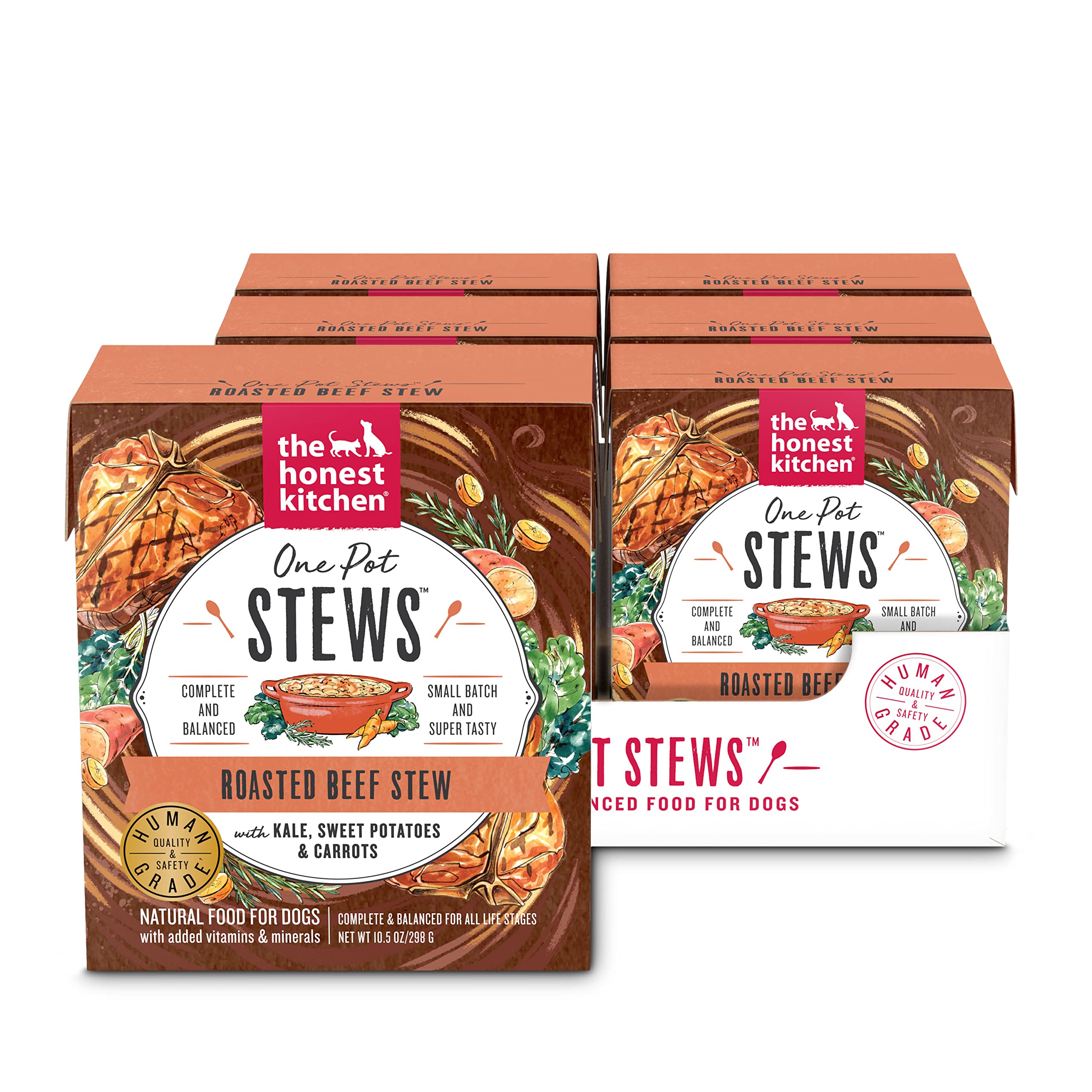 The Honest Kitchen One Pot Stews label with roasted beef and kale, signaling premium, human-grade quality.