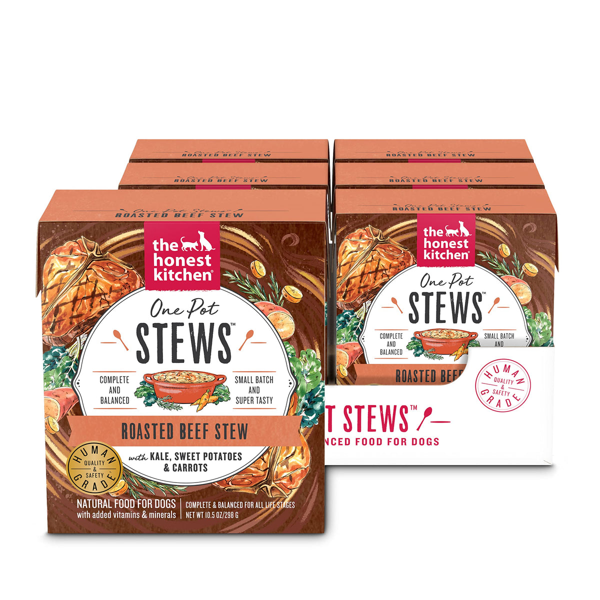 The Honest Kitchen One Pot Stews label with roasted beef and kale, signaling premium, human-grade quality.