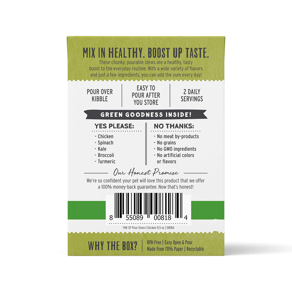 Serving bowl shows The Honest Kitchen Pour Overs chicken stew as a tasty meal topper.
