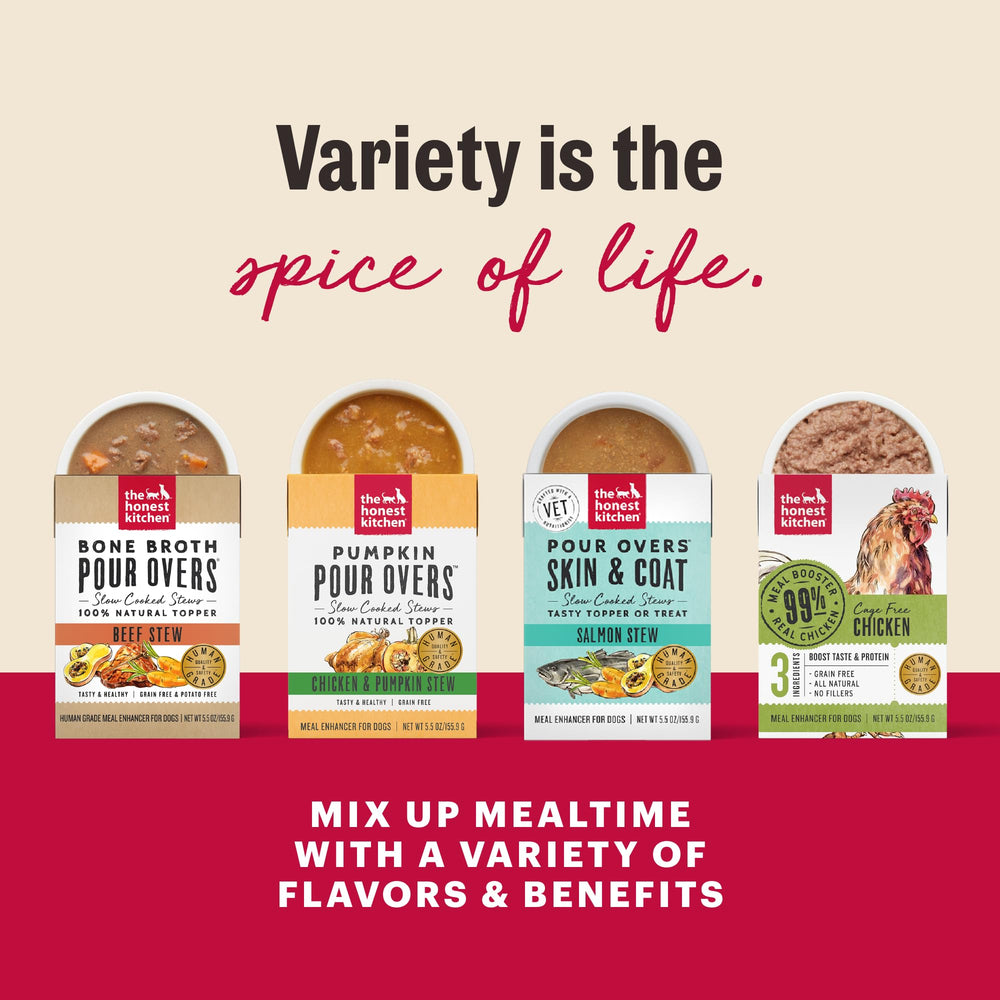 The Honest Kitchen Pour Overs ingredients and labeling highlight human-grade quality.