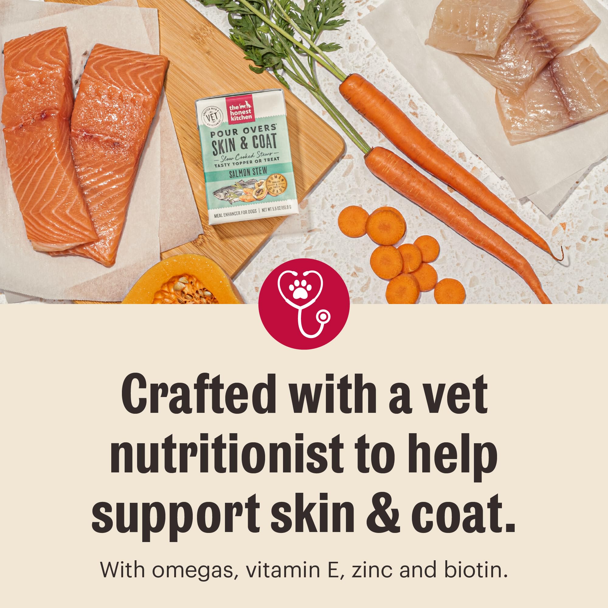 The Honest Kitchen Pour Overs Skin & Coat shows a simple serving idea as a dog food topper.