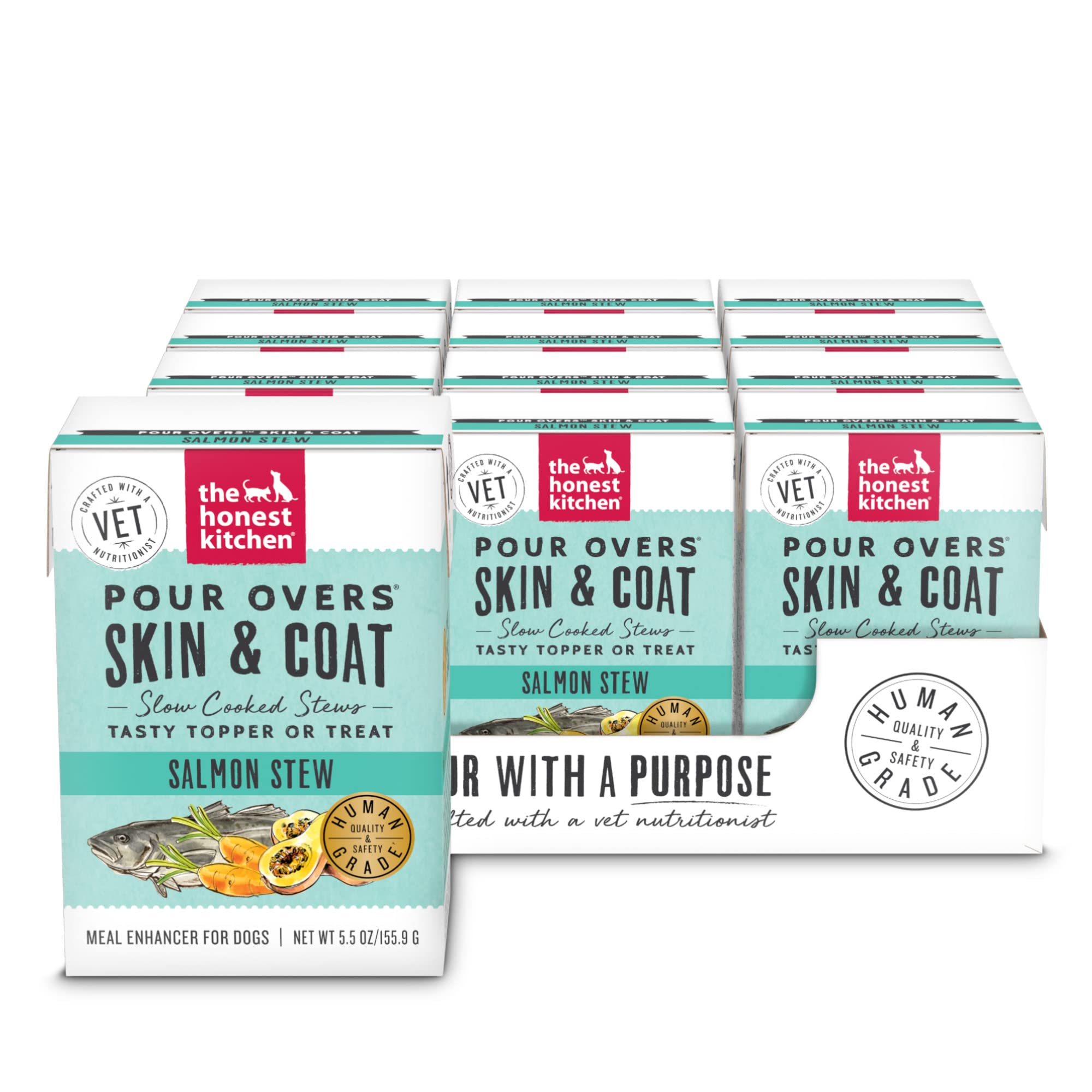The Honest Kitchen Pour Overs Skin & Coat Salmon Stew bottle, a convenient topper for a shiny coat.