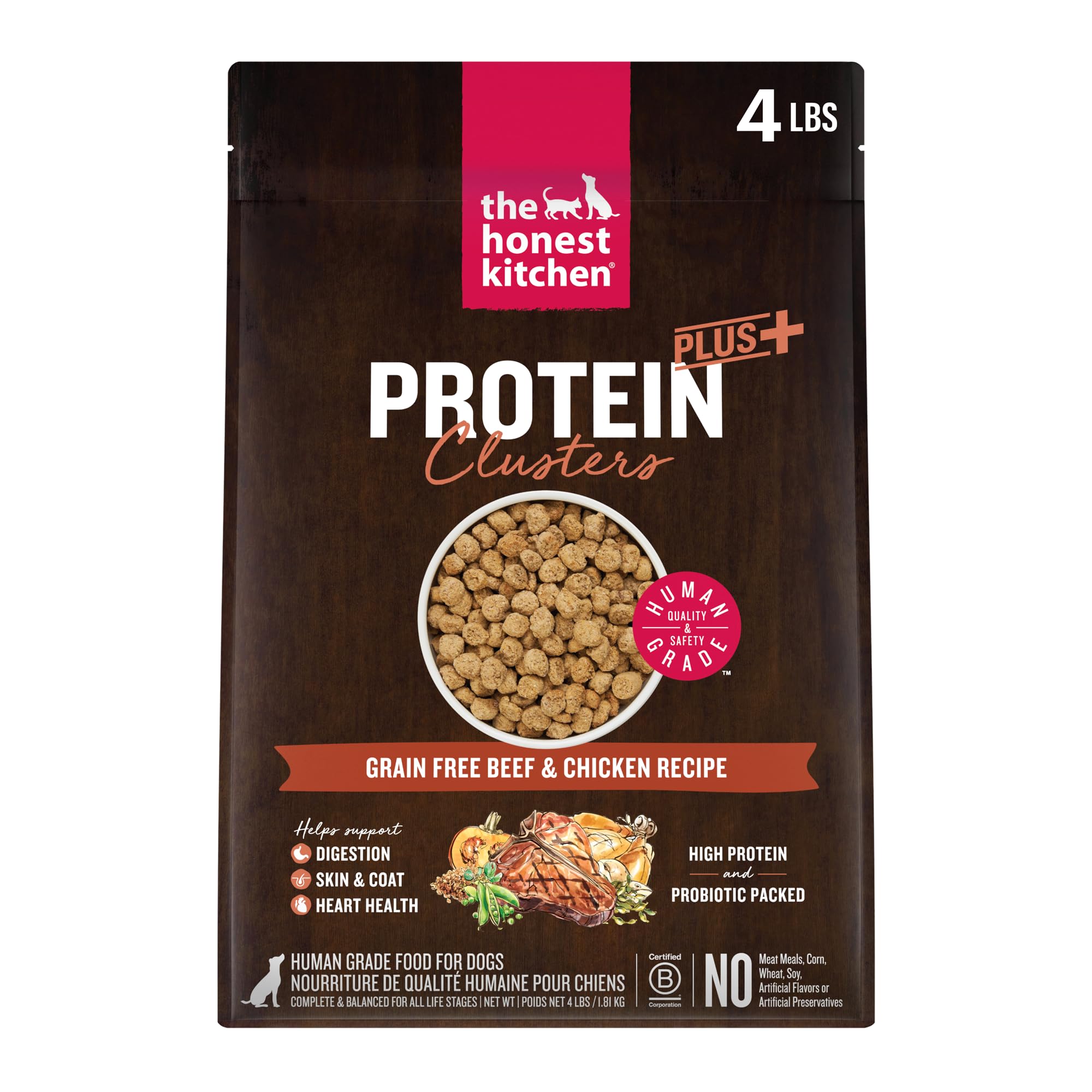 The Honest Kitchen Protein Plus+ Clusters beef and chicken dry dog food in a 4-lb bag for adults.