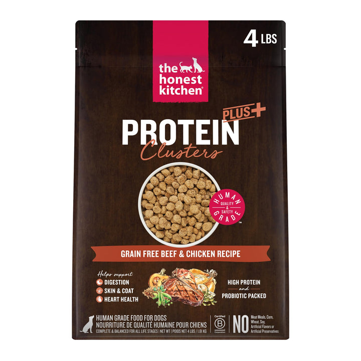 The Honest Kitchen Protein Plus+ Clusters beef and chicken dry dog food in a 4-lb bag for adults.