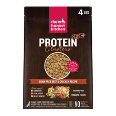 The Honest Kitchen Protein Plus+ Clusters beef and chicken dry dog food in a 4-lb bag for adults.