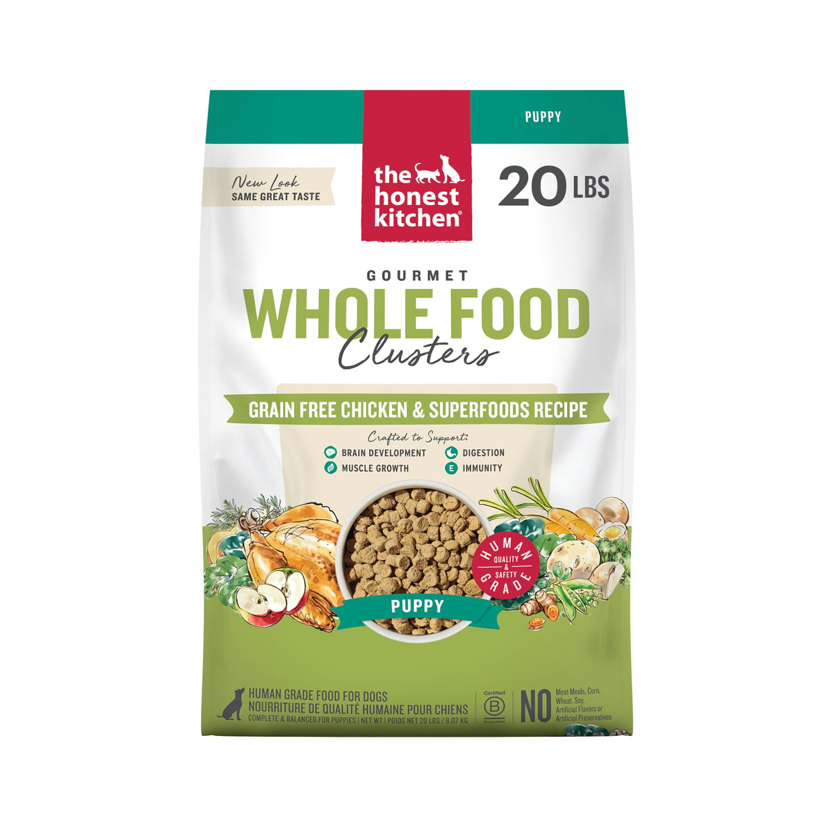 The Honest Kitchen puppy grain-free chicken dry dog food bag shows grain-free puppy nutrition.