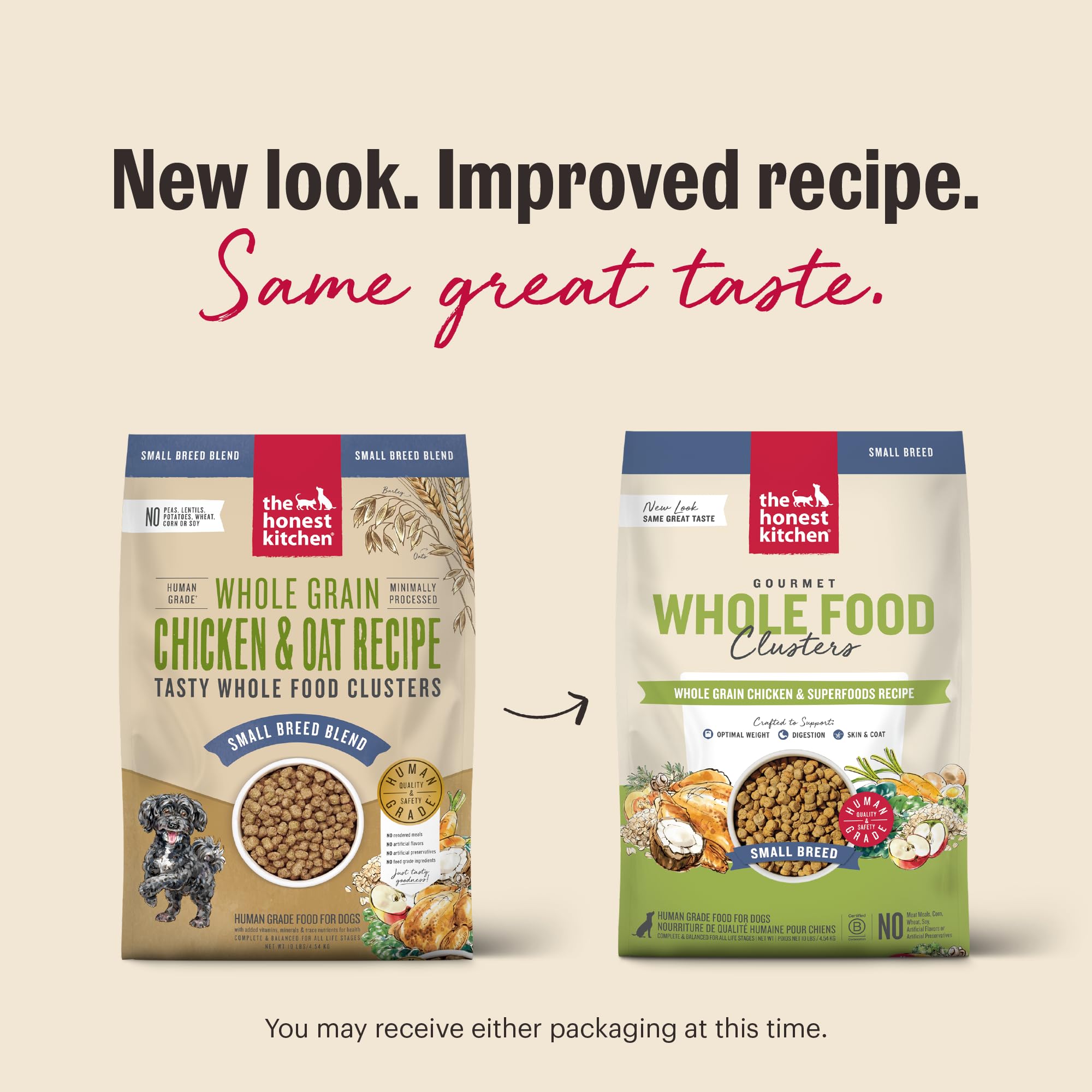 The Honest Kitchen small breed formula, ingredients panel, emphasizing natural wholesome chicken.