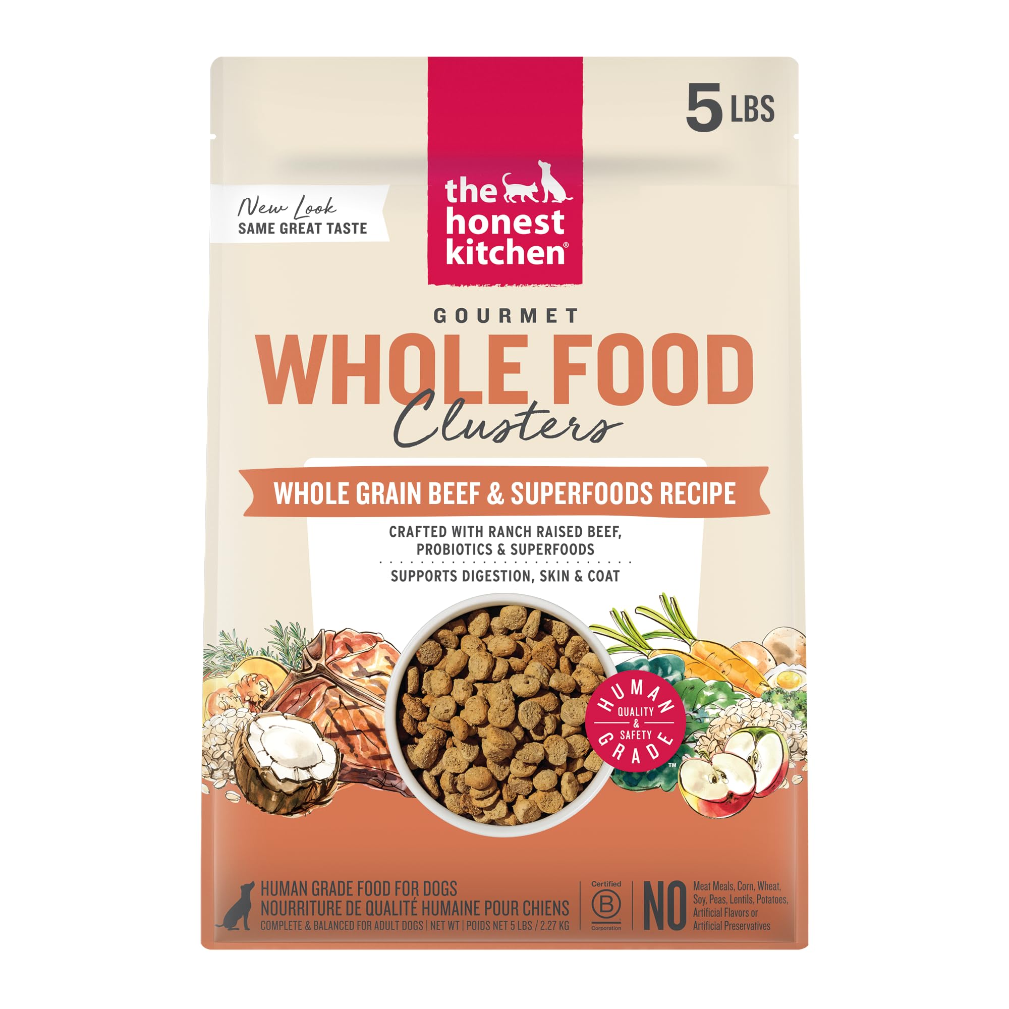 The Honest Kitchen 5lb bag of whole-food clusters shows premium, human-grade nutrition for dogs.