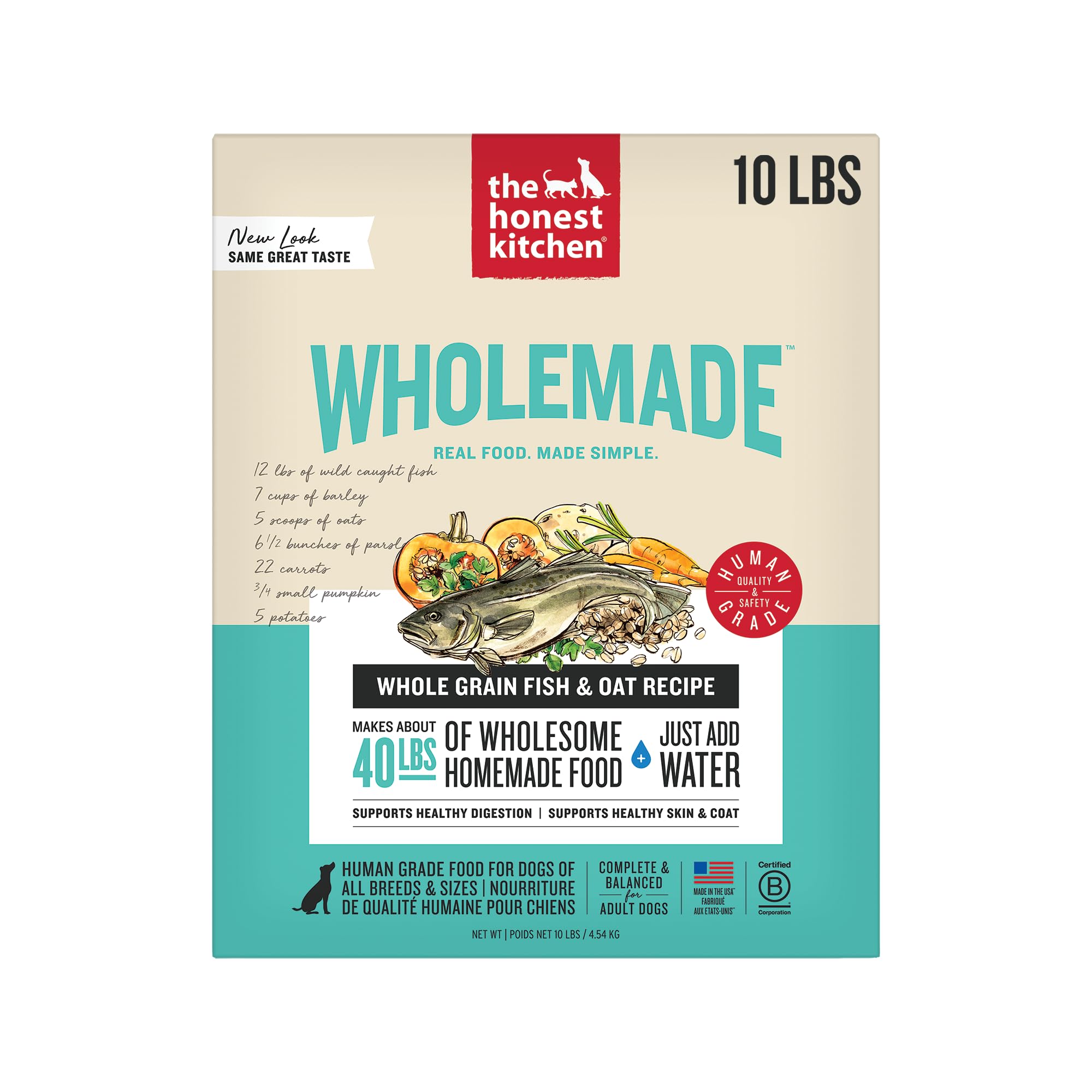 The Honest Kitchen Wholemade packaging highlights human-grade ingredients and convenient 10 lb to 40 lb rehydration.