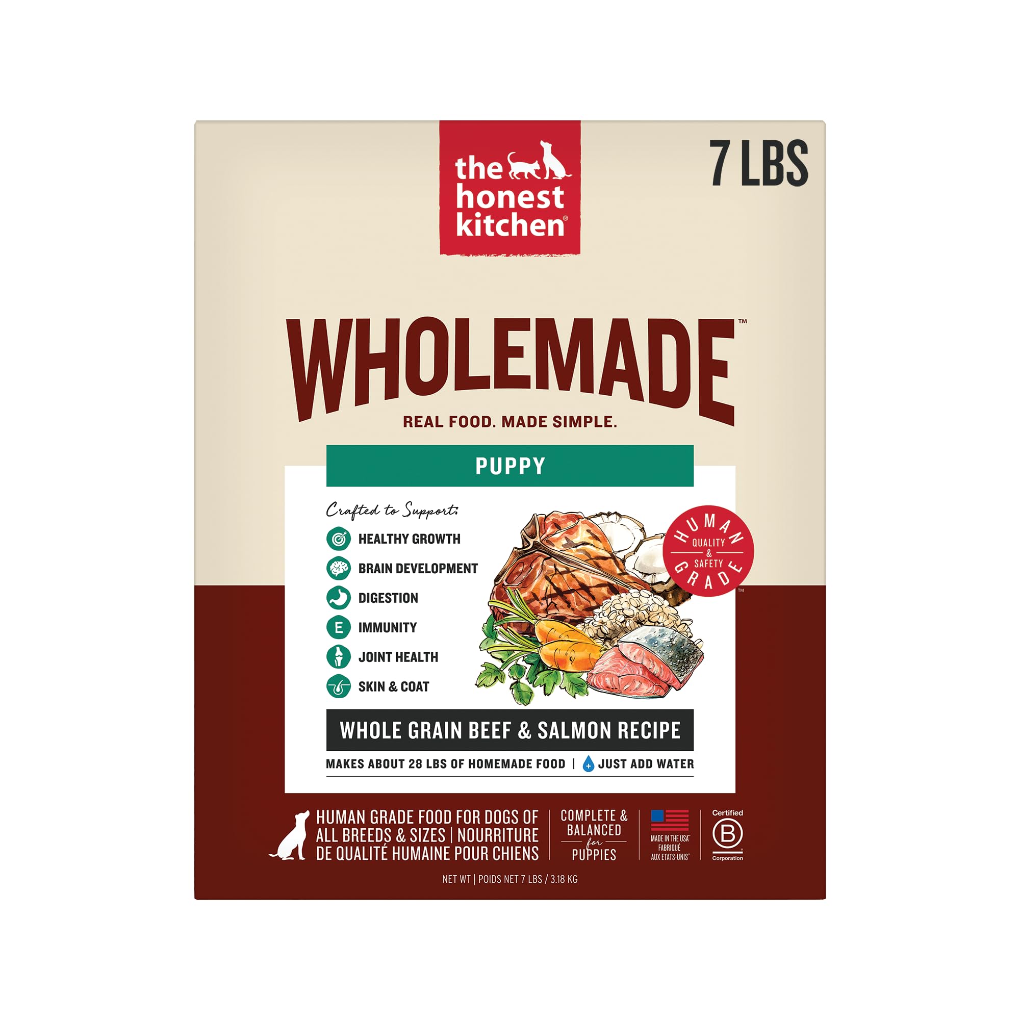 The Honest Kitchen Wholemade puppy bag closeup showing real ingredients for a balanced meal.