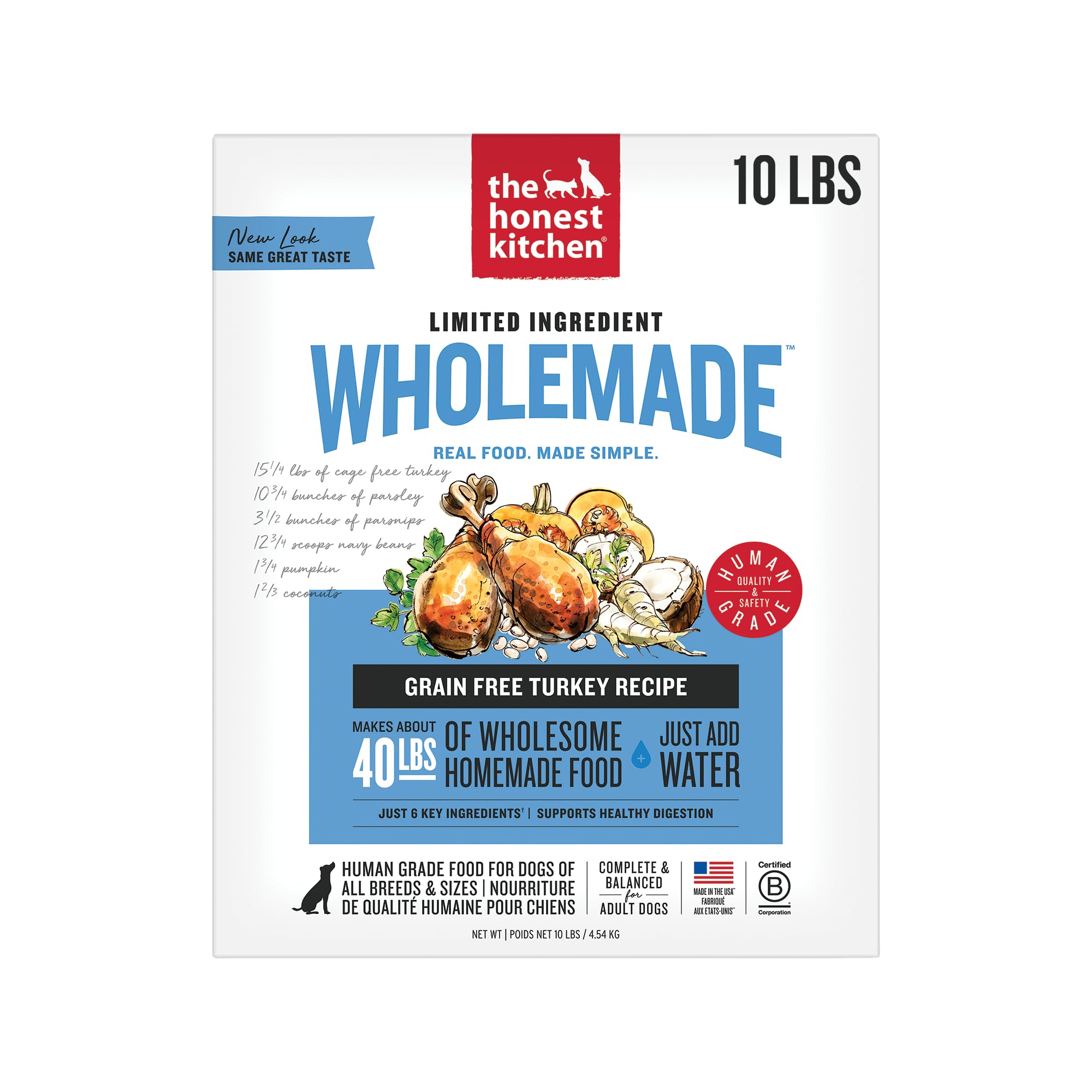 The Honest Kitchen Wholemade Turkey bag highlights limited ingredients for sensitive stomachs.