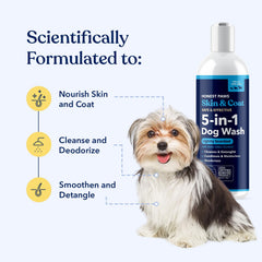 Honest Paws 5-in-1 wash foam shows cleansing, deodorizing, and conditioning.