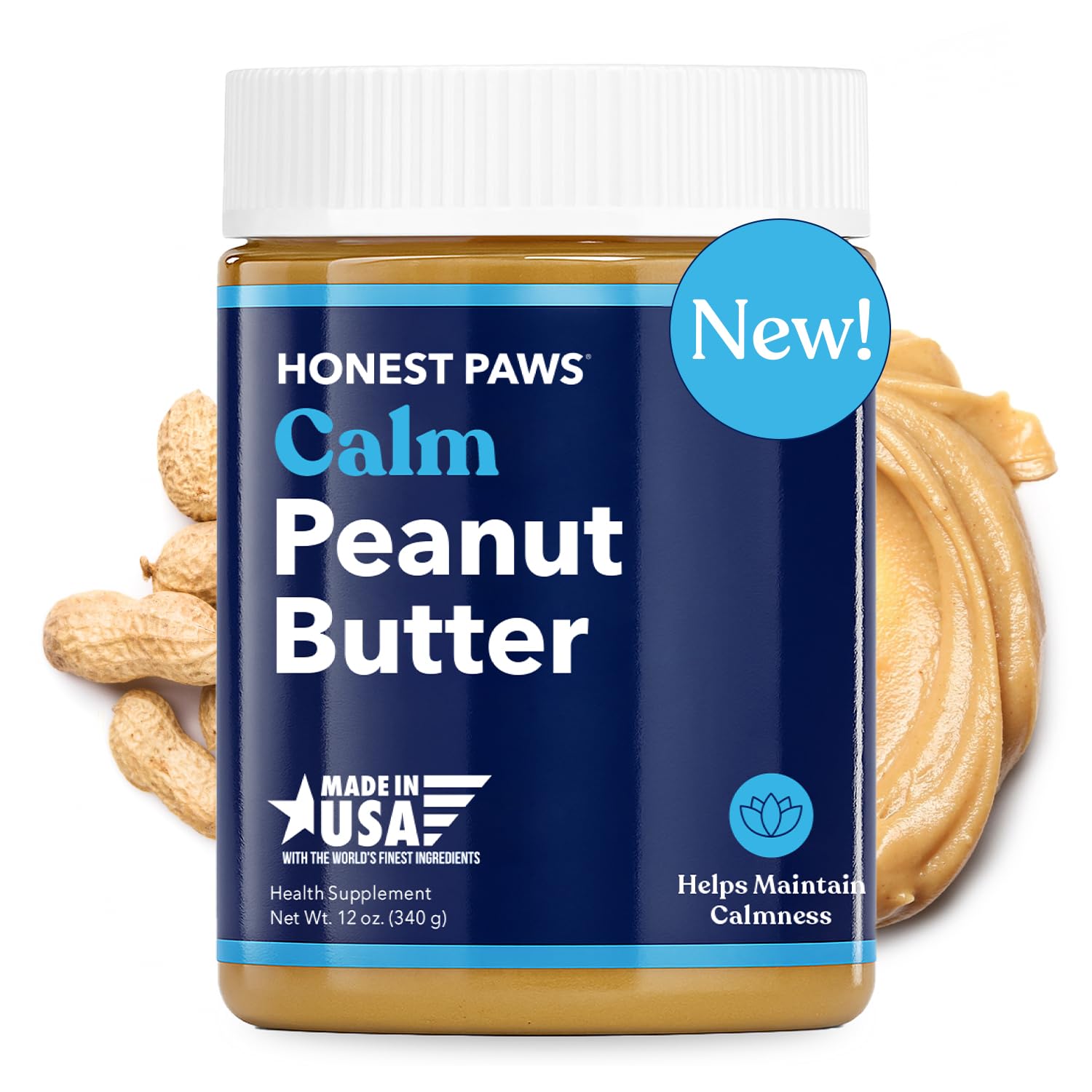 Honest Paws Calming Peanut Butter daily treat, supports balanced behavior.