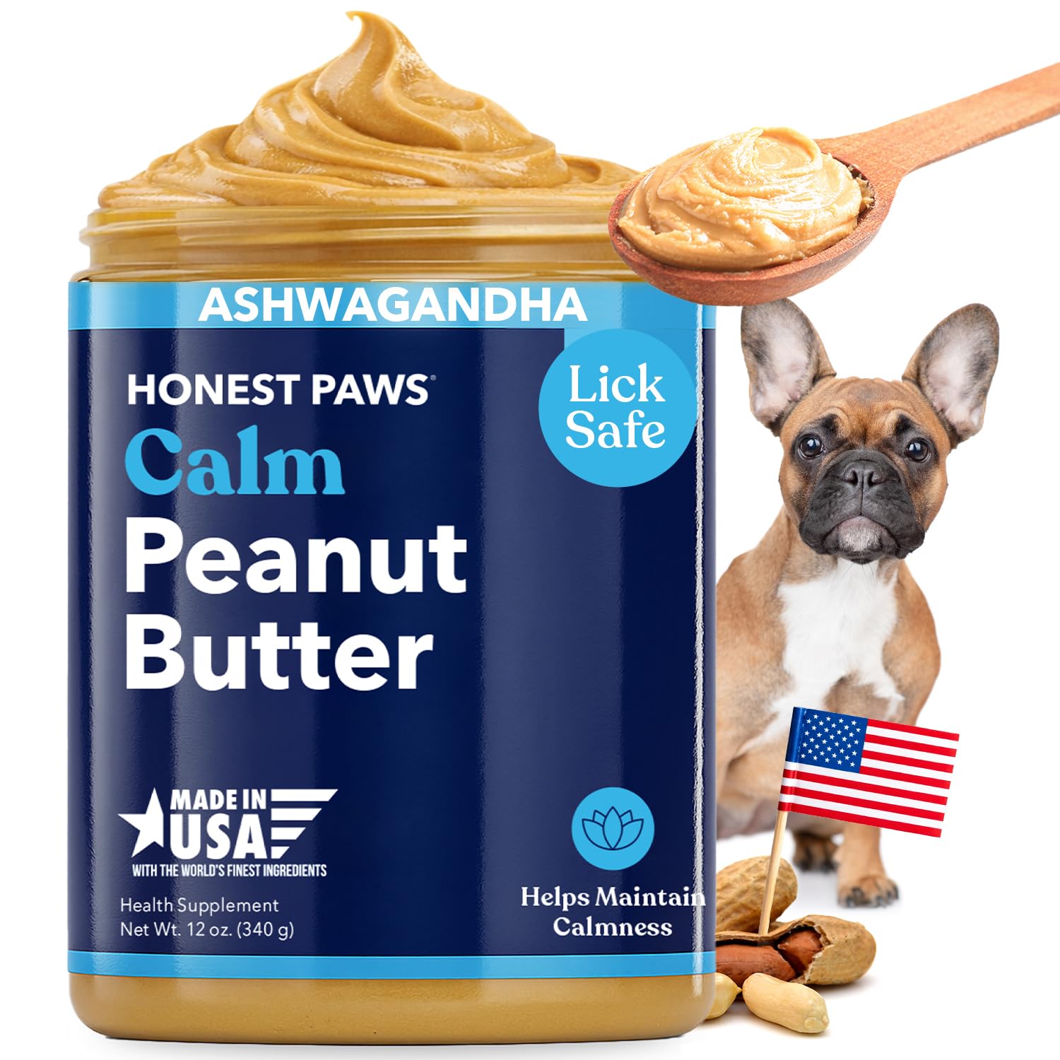 Honest Paws Calming Peanut Butter jar being spooned for calm moments at home.