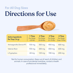Honest Paws Calming Peanut Butter on spoon with dog, highlights daily relaxation.