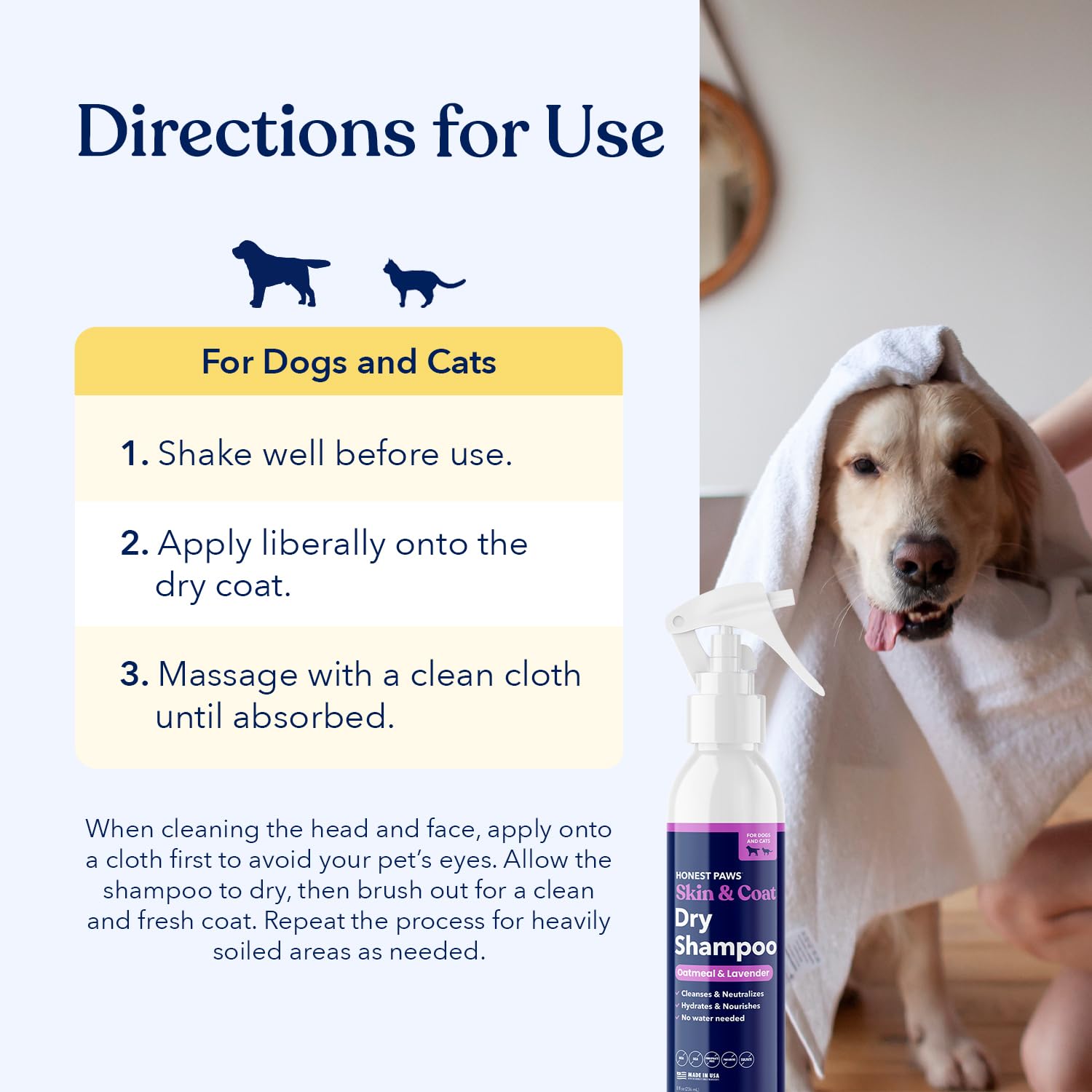 Honest Paws bottle with easy-dispense tip enables clean, mess-free application.
