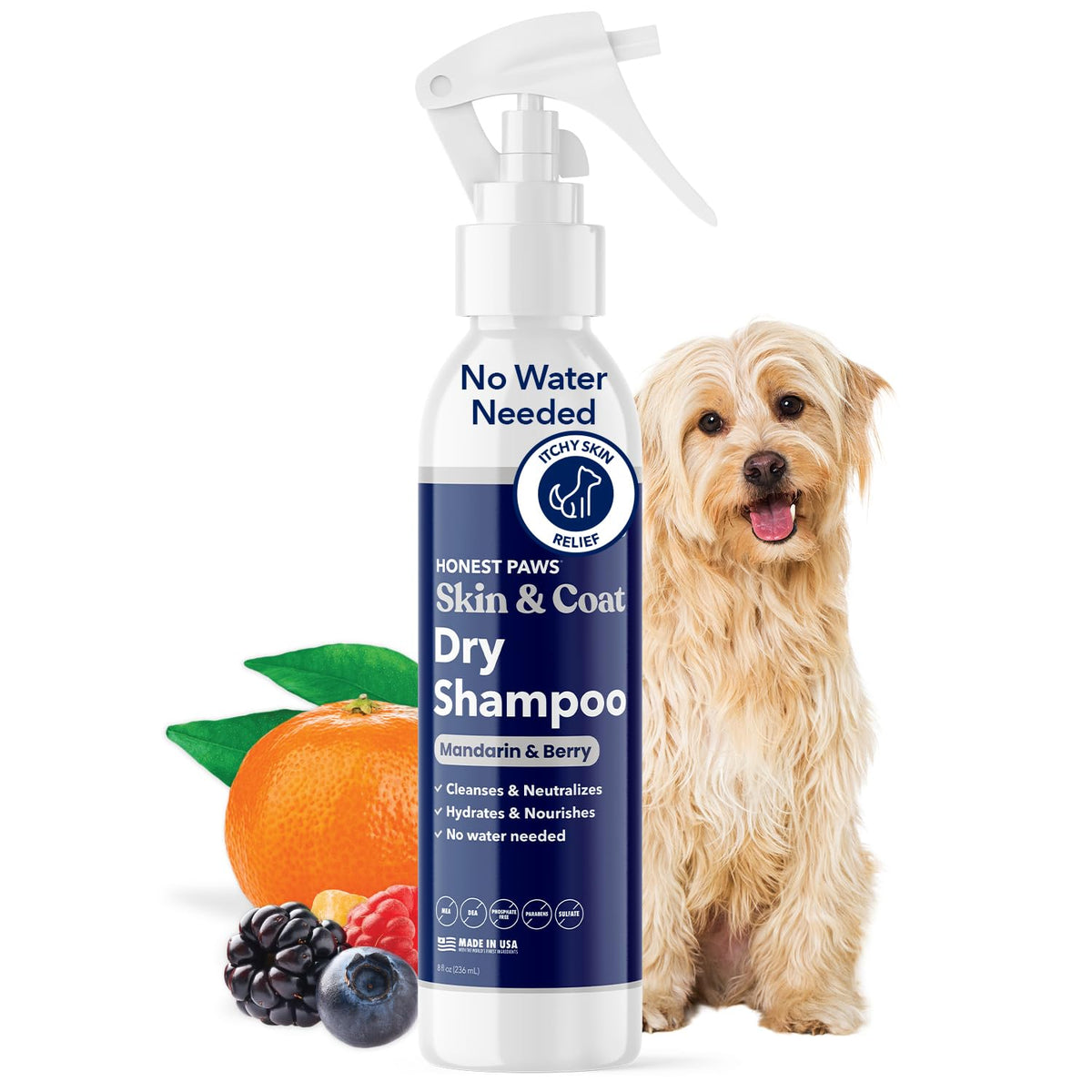 Honest Paws dog dry shampoo bottle front, waterless formula for quick refresh.