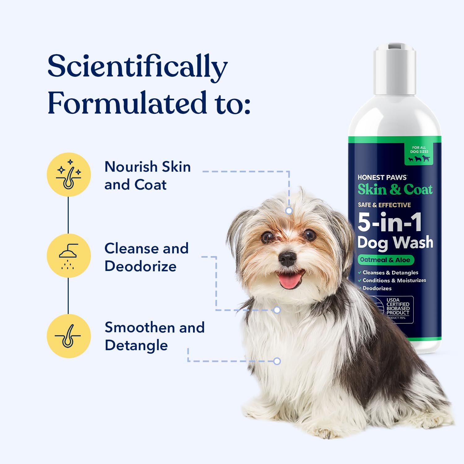 Honest Paws 5in1 coat care keeps fur clean, detangled, and moisturized.
